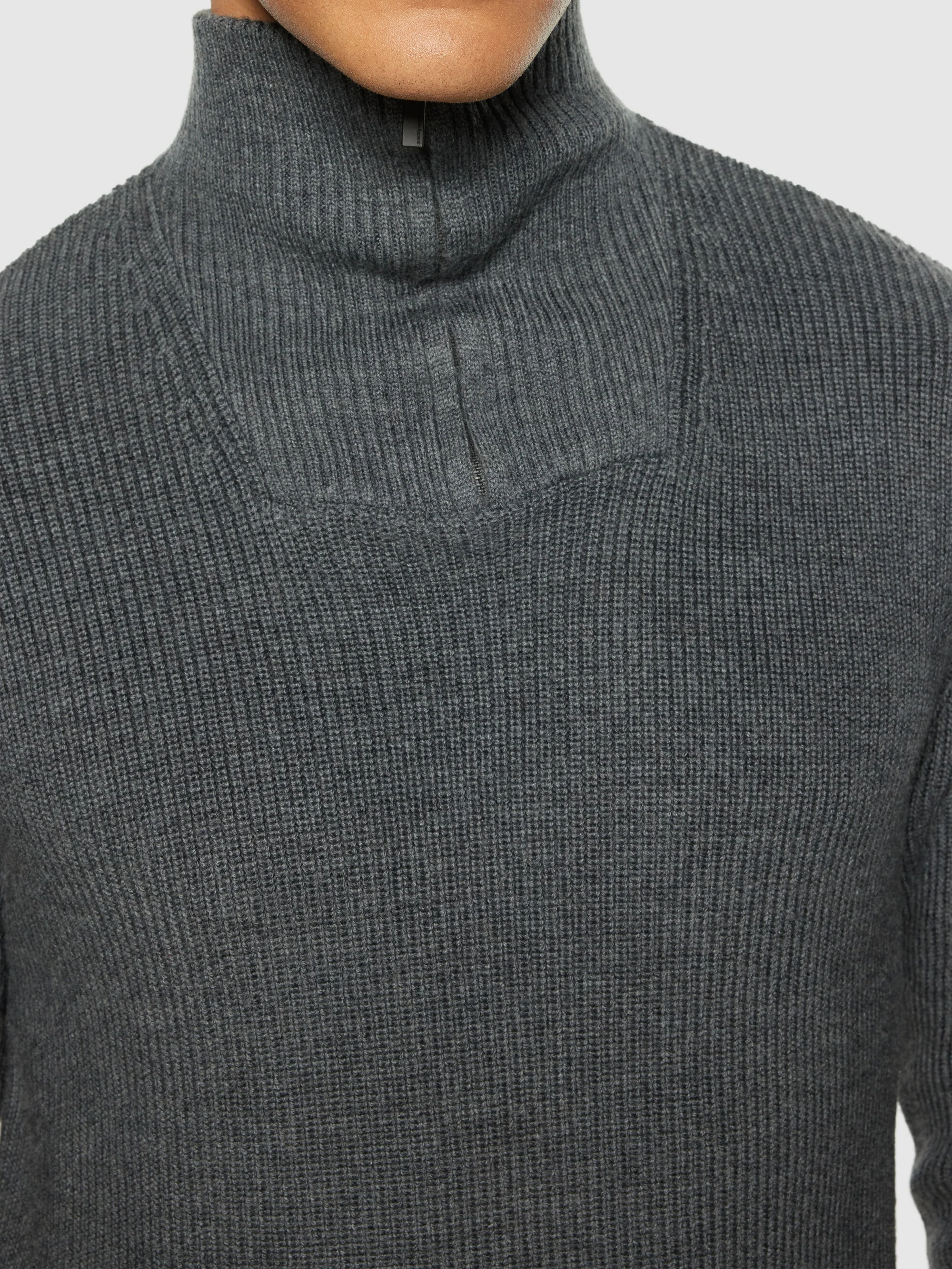 1/2 neck zip merino wool rib knit - Dark Grey Melange - Image 5