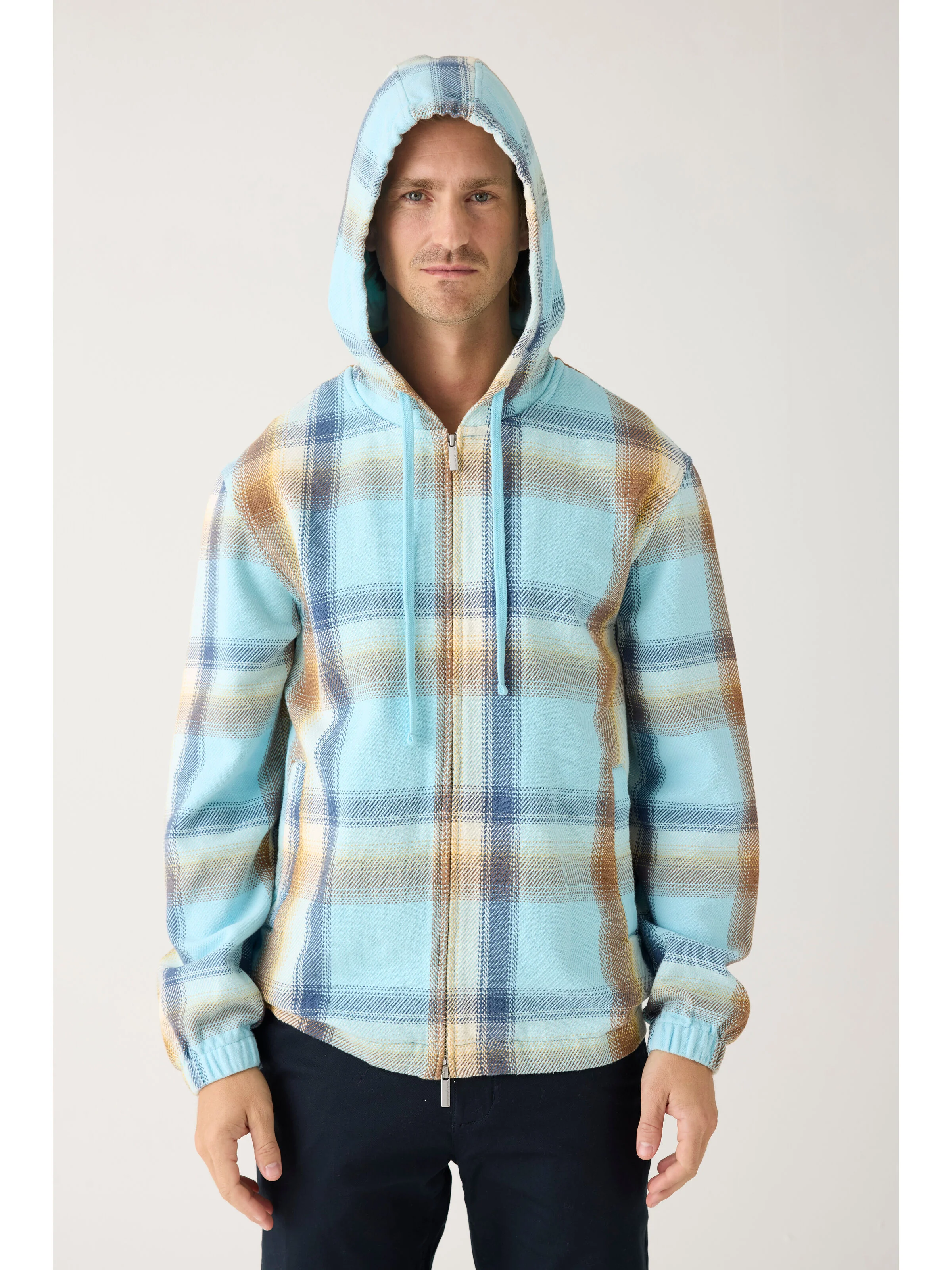 Checked hoodie twill zipper jacket - GOTS/Vegan - Navy - Image 6