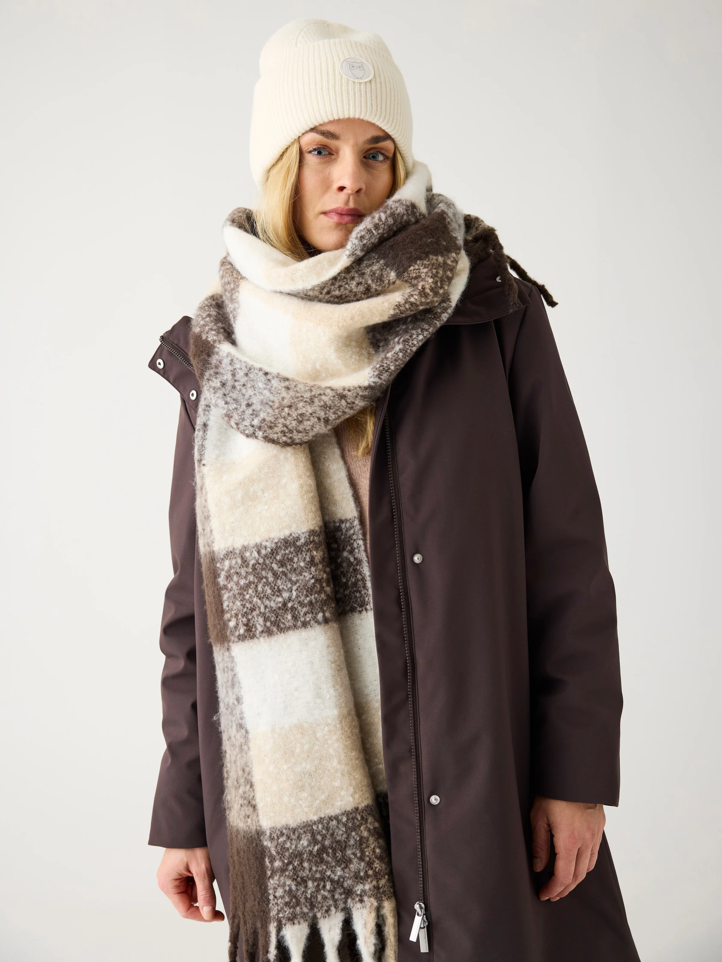 Recycled fringe scarf - Brown check - Image 2