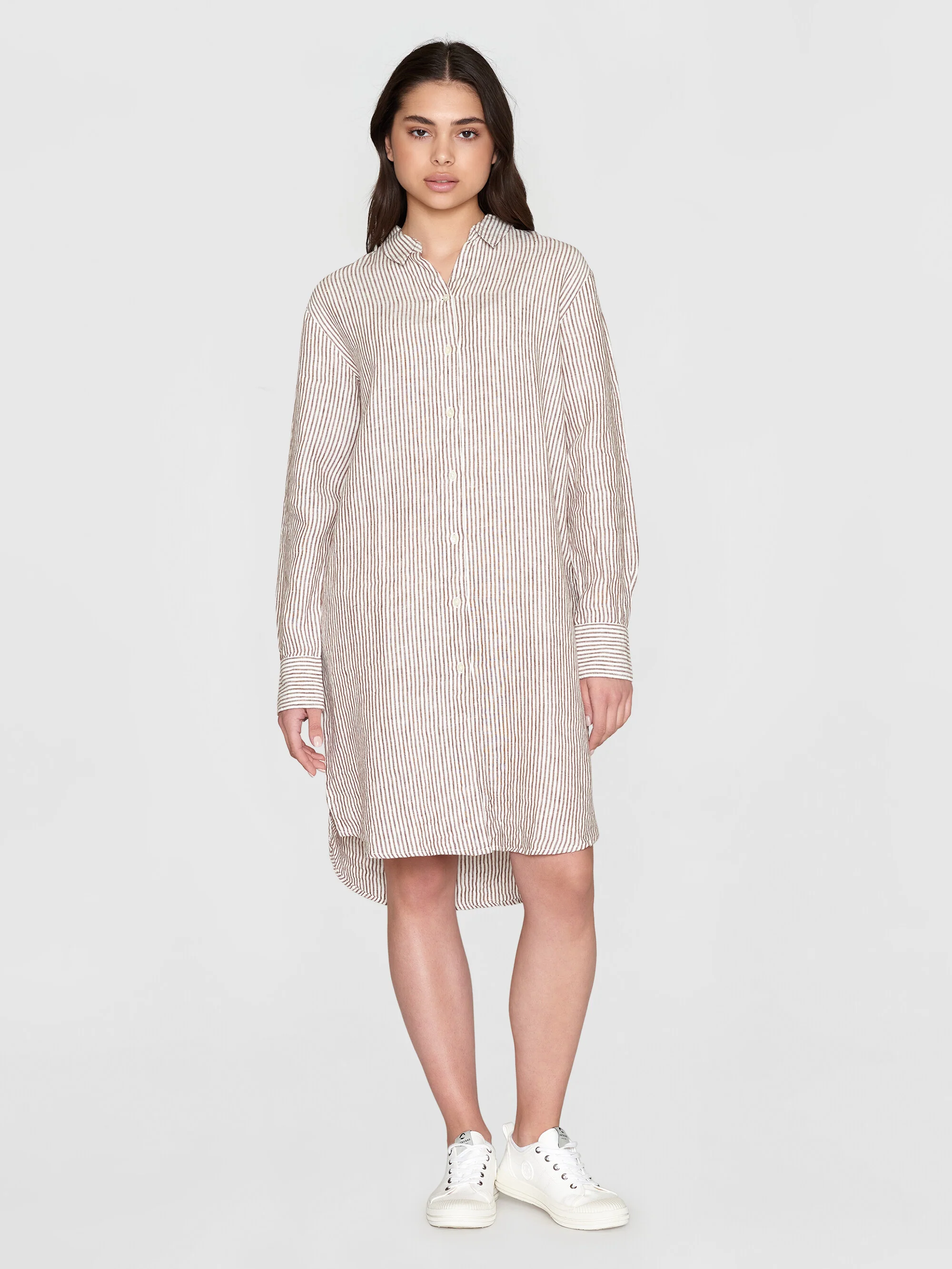 Classic striped linen dress - GOTS/Vegan - Brown stripe - Image 2