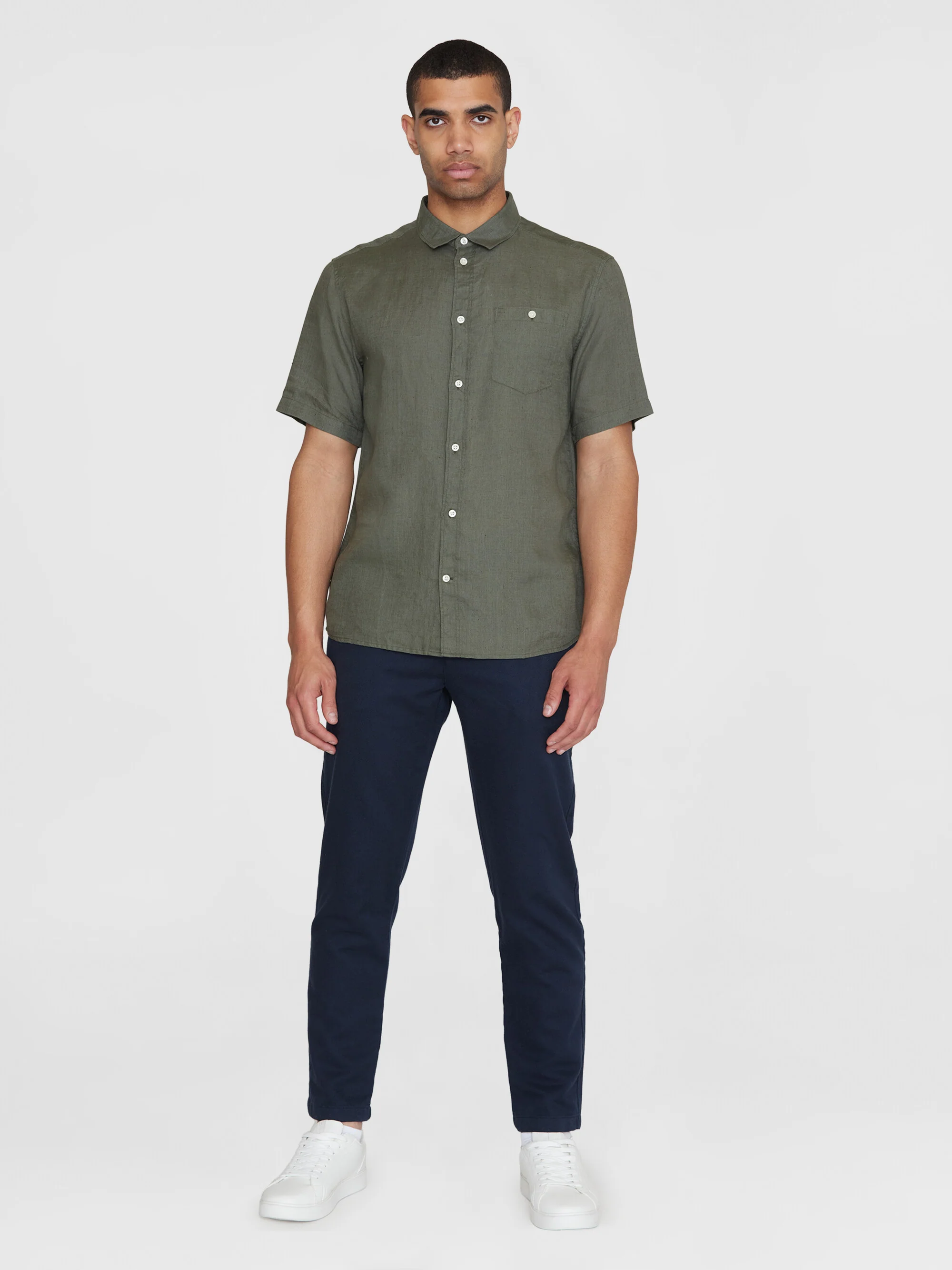 Custom fit linen short sleeve shirt - Burned Olive - Image 4