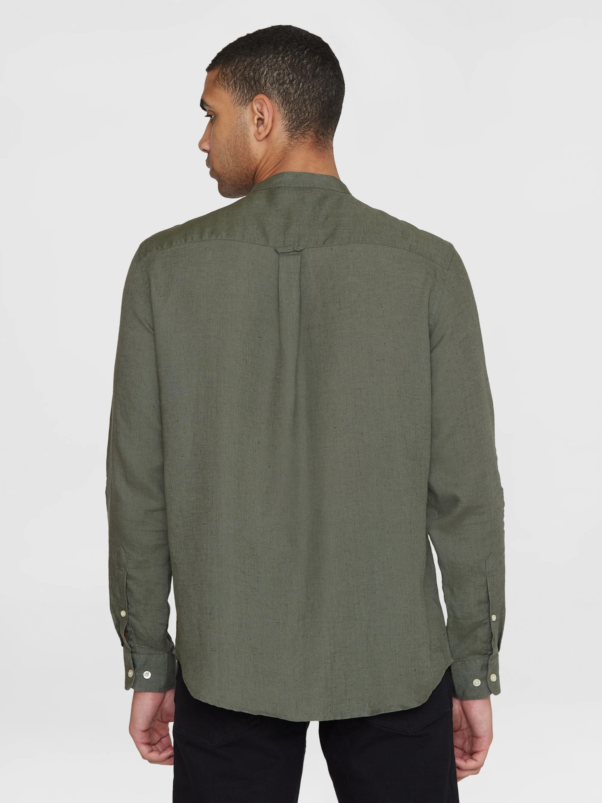 Custom fit linen stand collar shirt - Burned Olive - Image 3