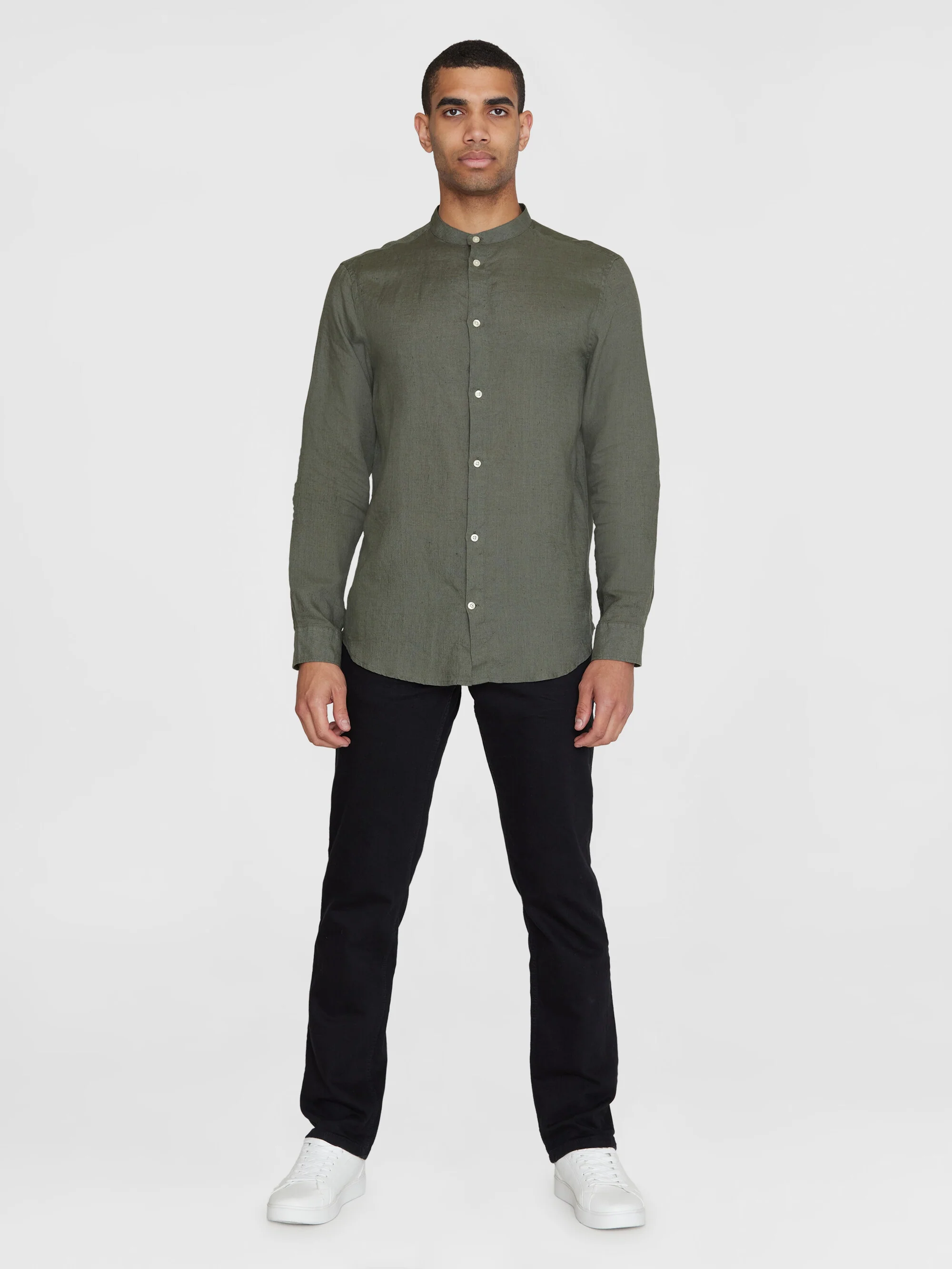 Custom fit linen stand collar shirt - Burned Olive - Image 4
