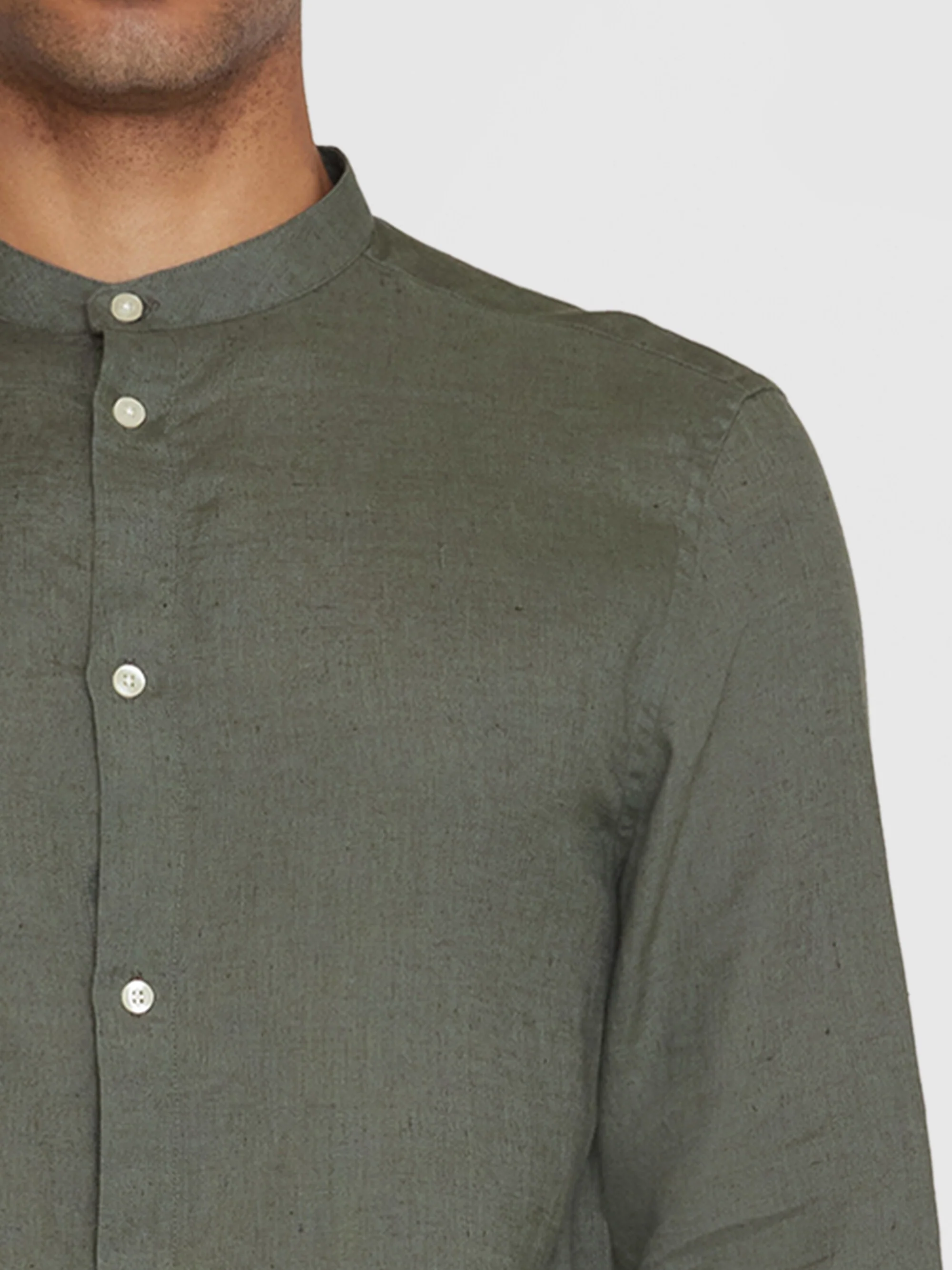 Custom fit linen stand collar shirt - Burned Olive - Image 5