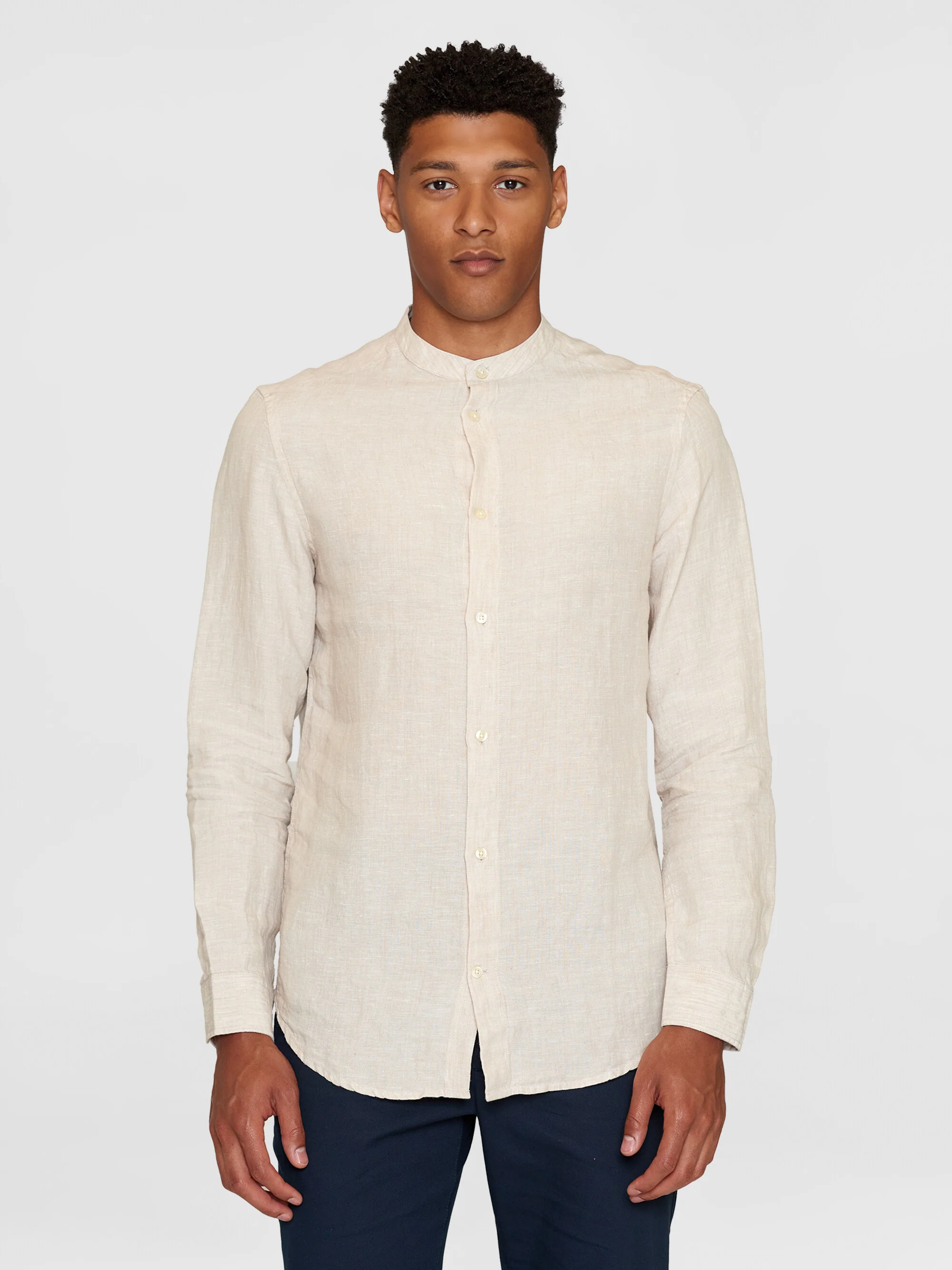 Custom fit linen stand collar shirt - Yarndyed Light feather gray - Image 2