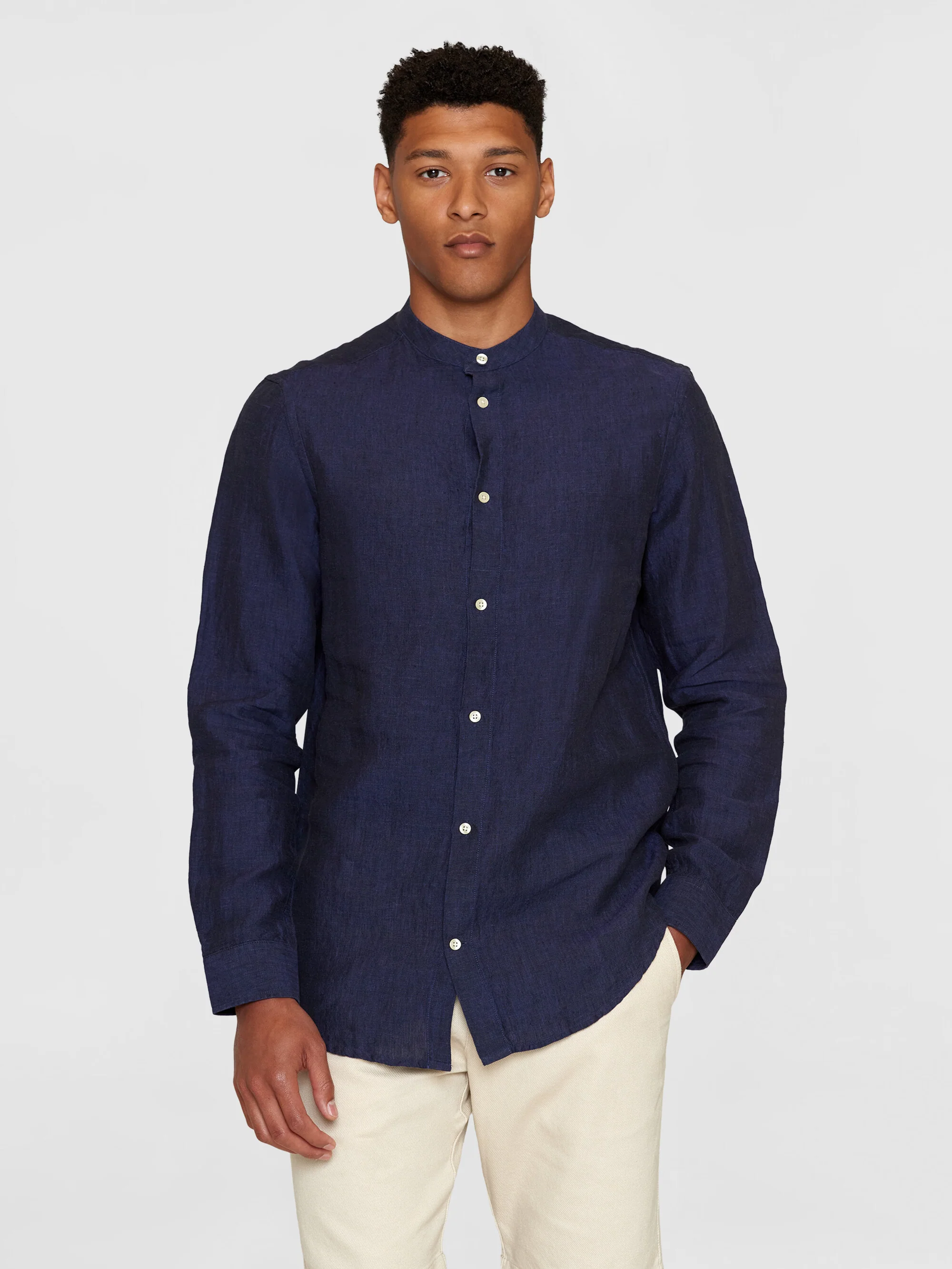Custom fit linen stand collar shirt - Yarndyed Total Eclipse - Image 2