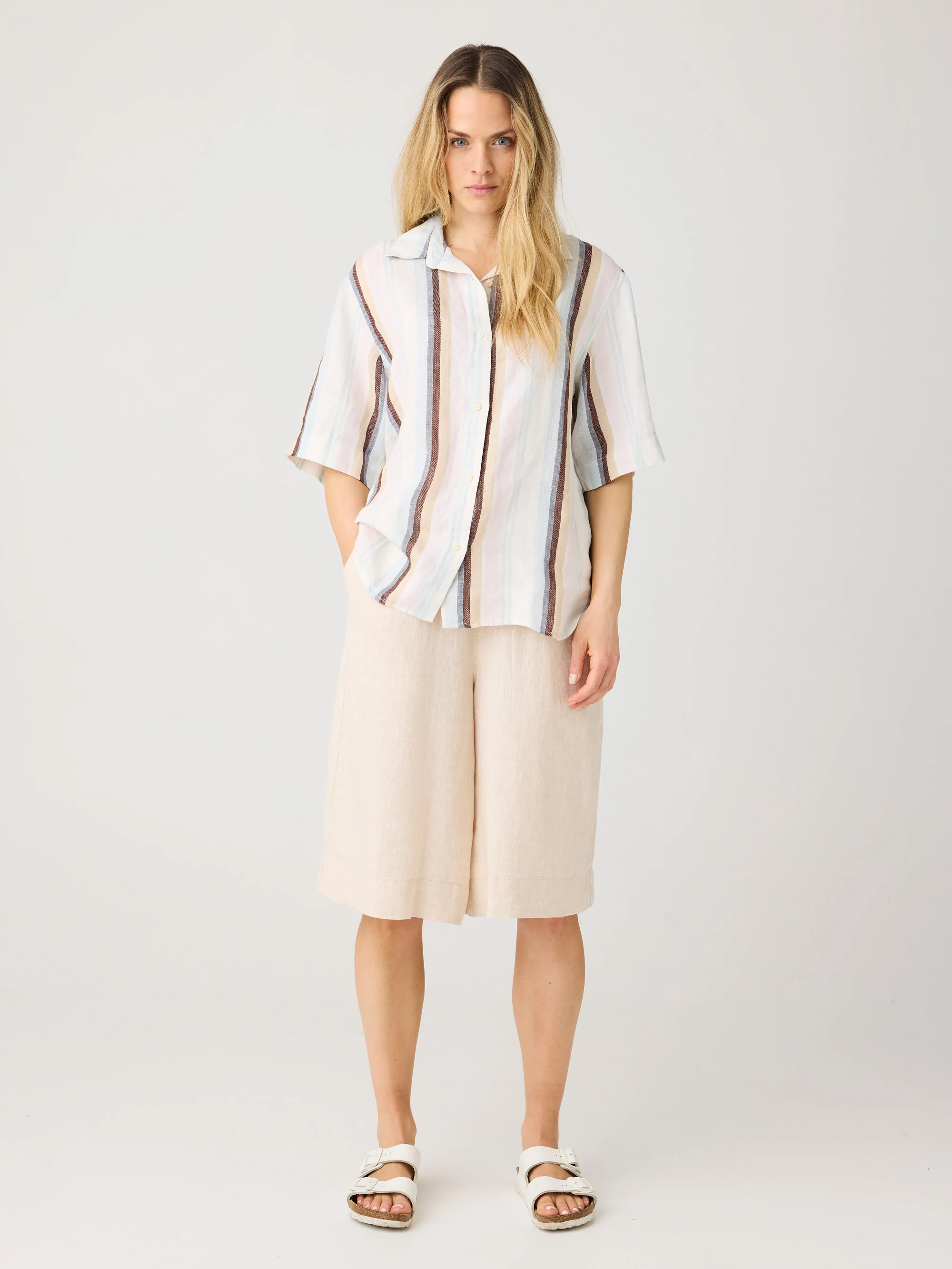 Eve wide linen culotte shorts - Yarndyed Light feather gray - Image 3