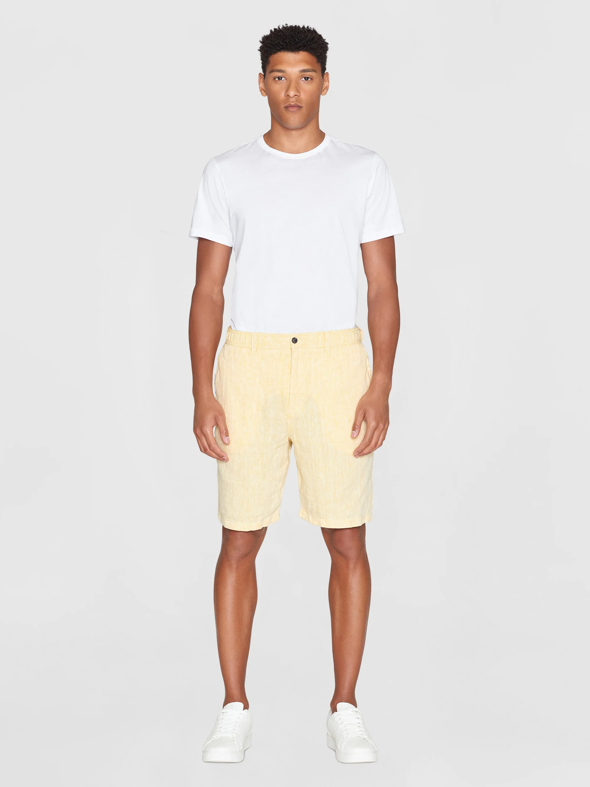 FIG loose herringbone linen elastic waist shorts - GOTS/Vegan - Misted Yellow - Image 4