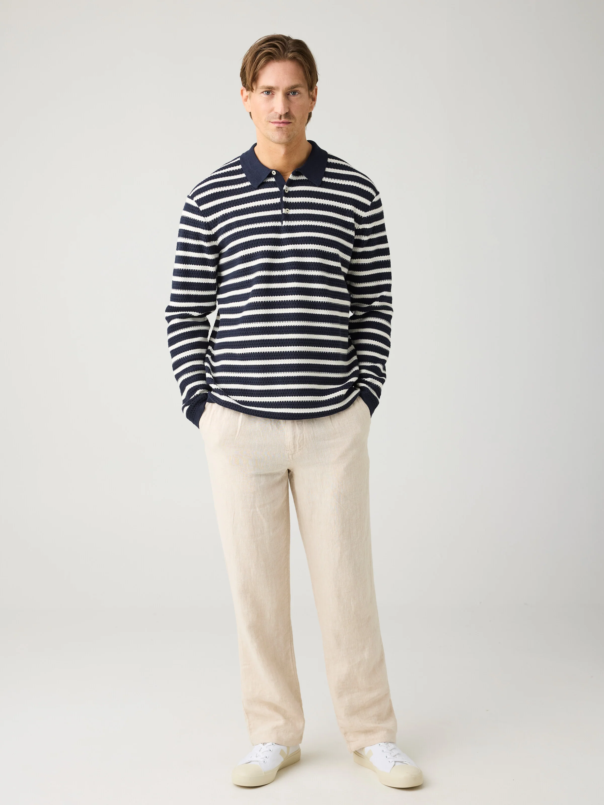 Knitted stripe polo - Navy - Image 3