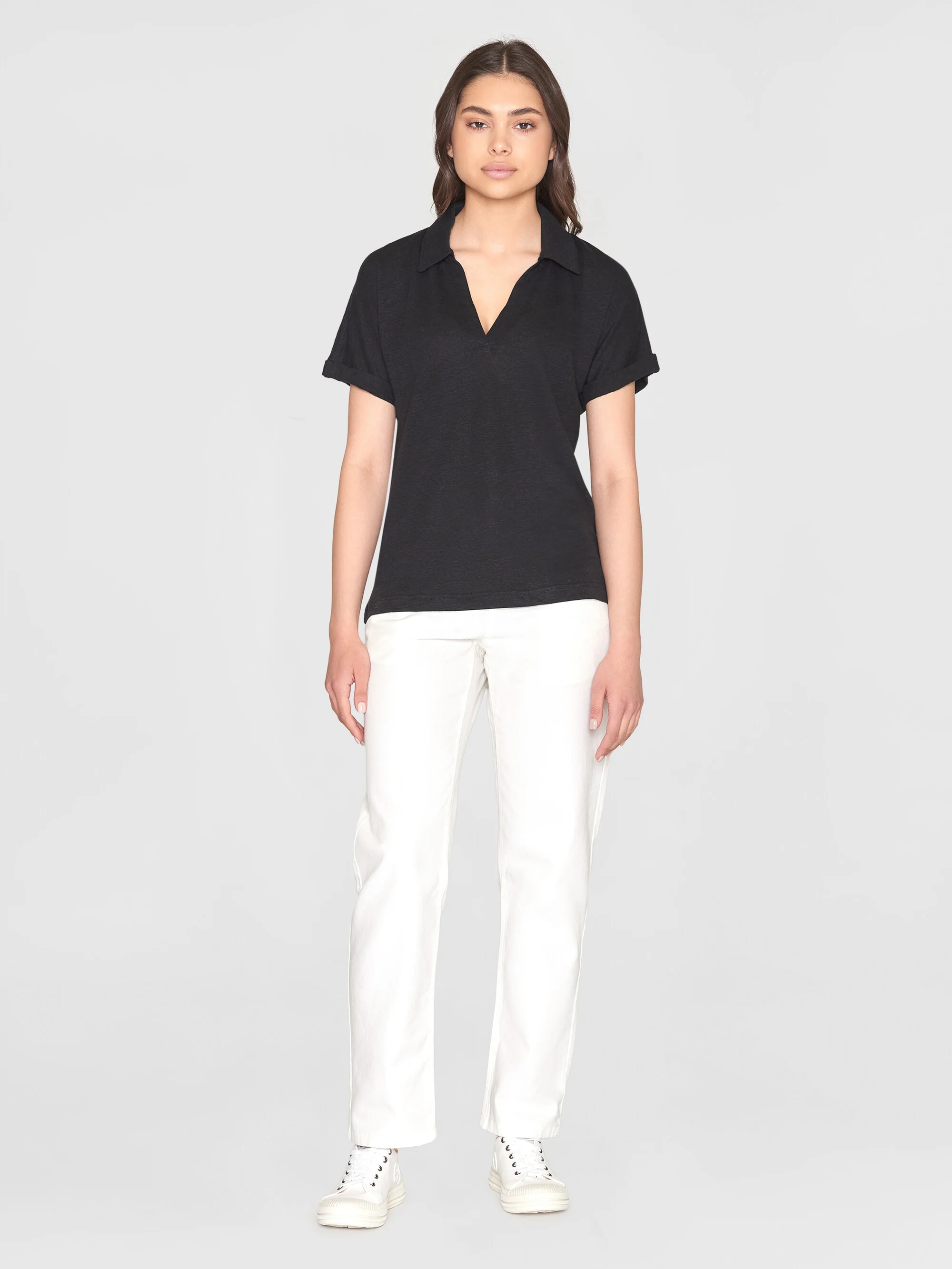 Linen split neck polo - Black Jet - Image 4