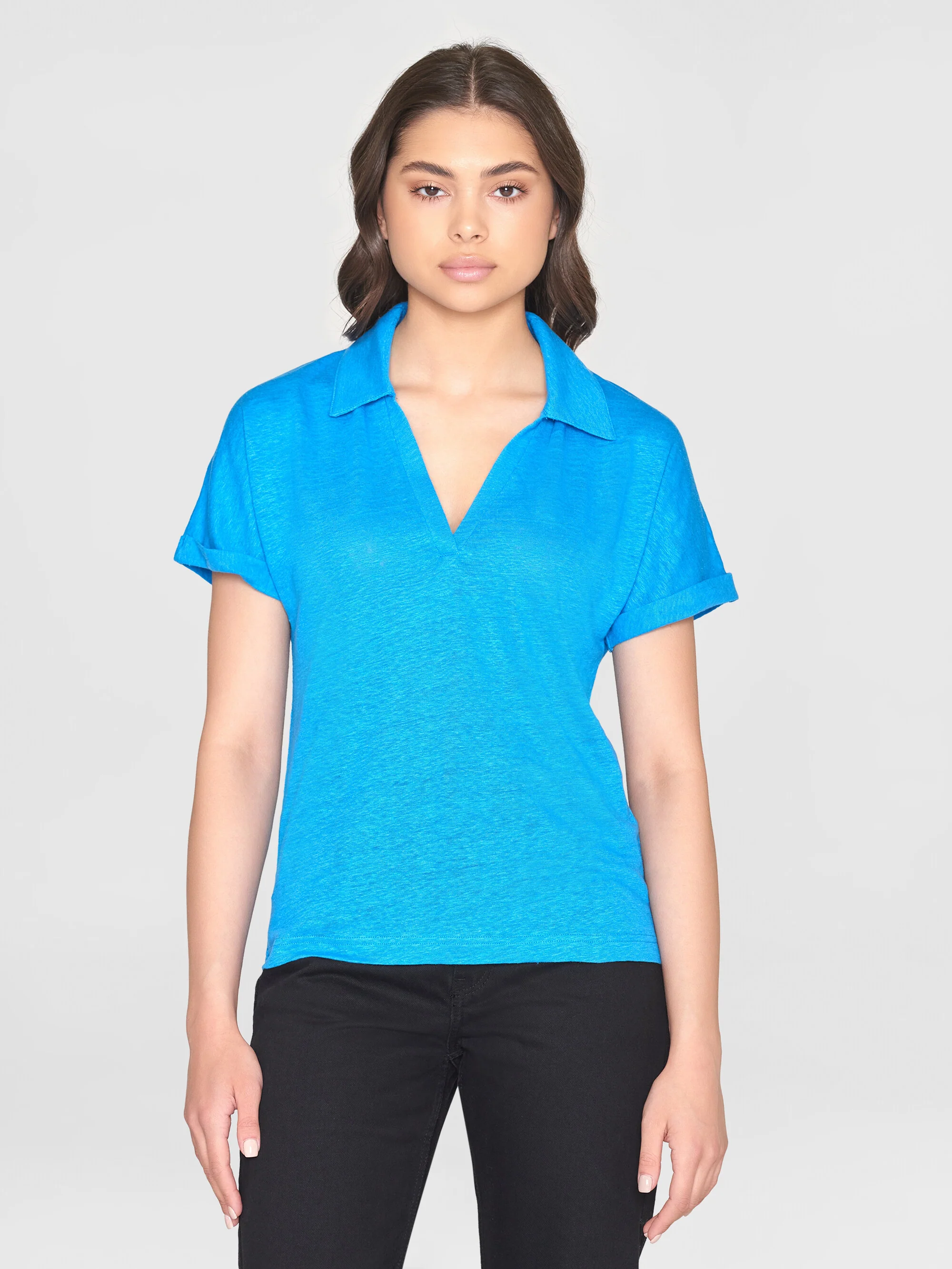 Linen split neck polo - Malibu Blue - Image 2