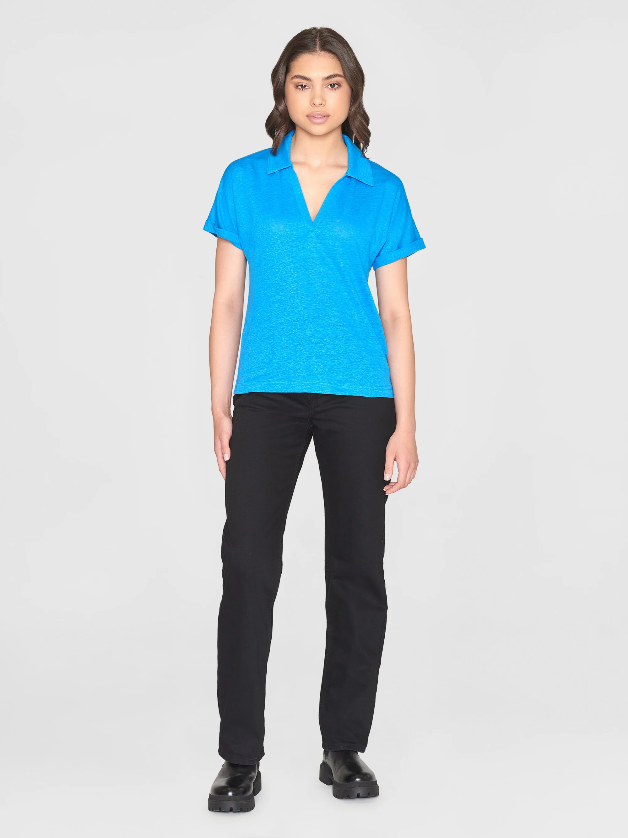 Linen split neck polo - Malibu Blue - Image 4