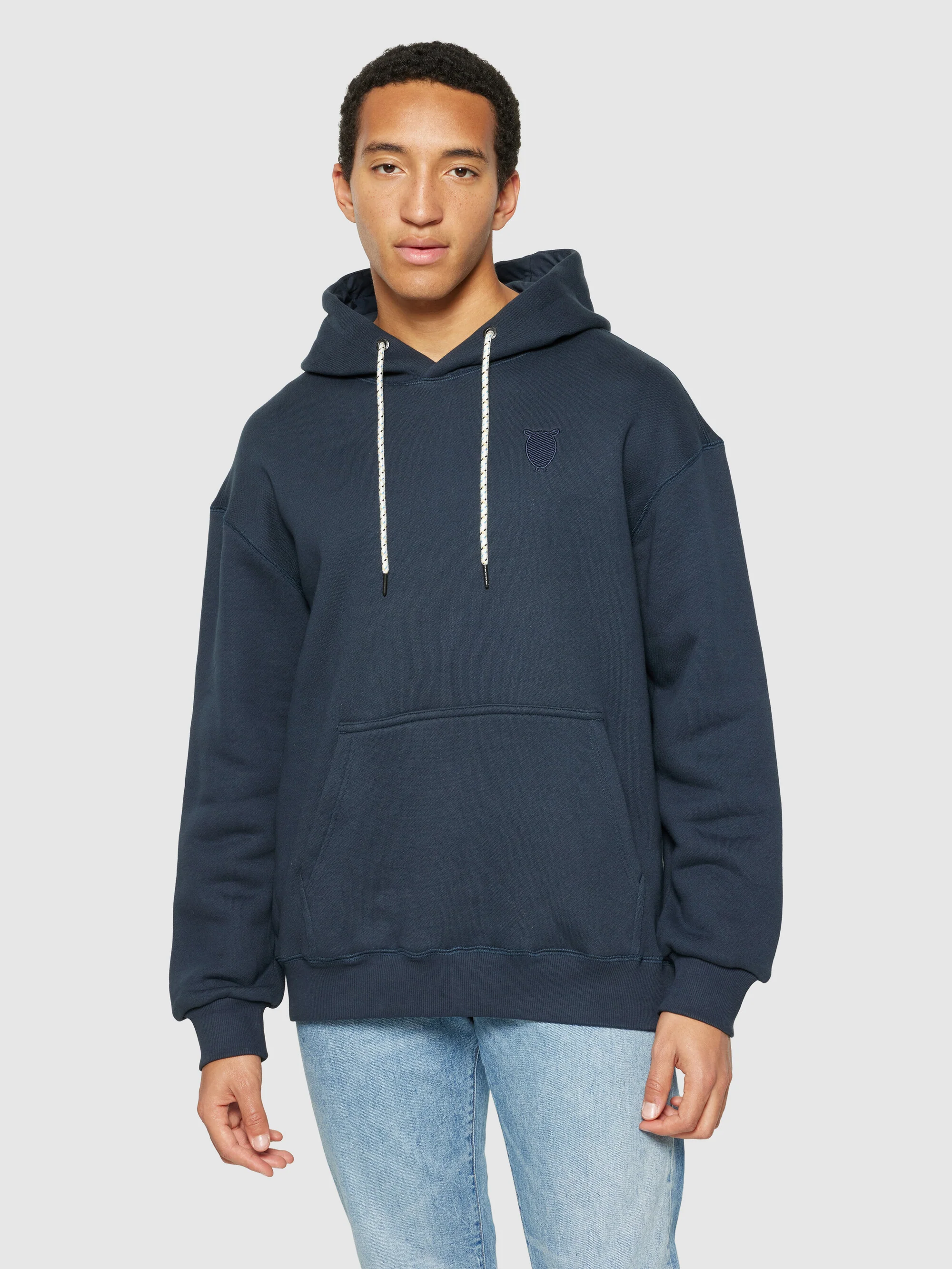 Loose fit hood kangaroo pocket sweat with embroidery at chest - Total Eclipse - Image 2