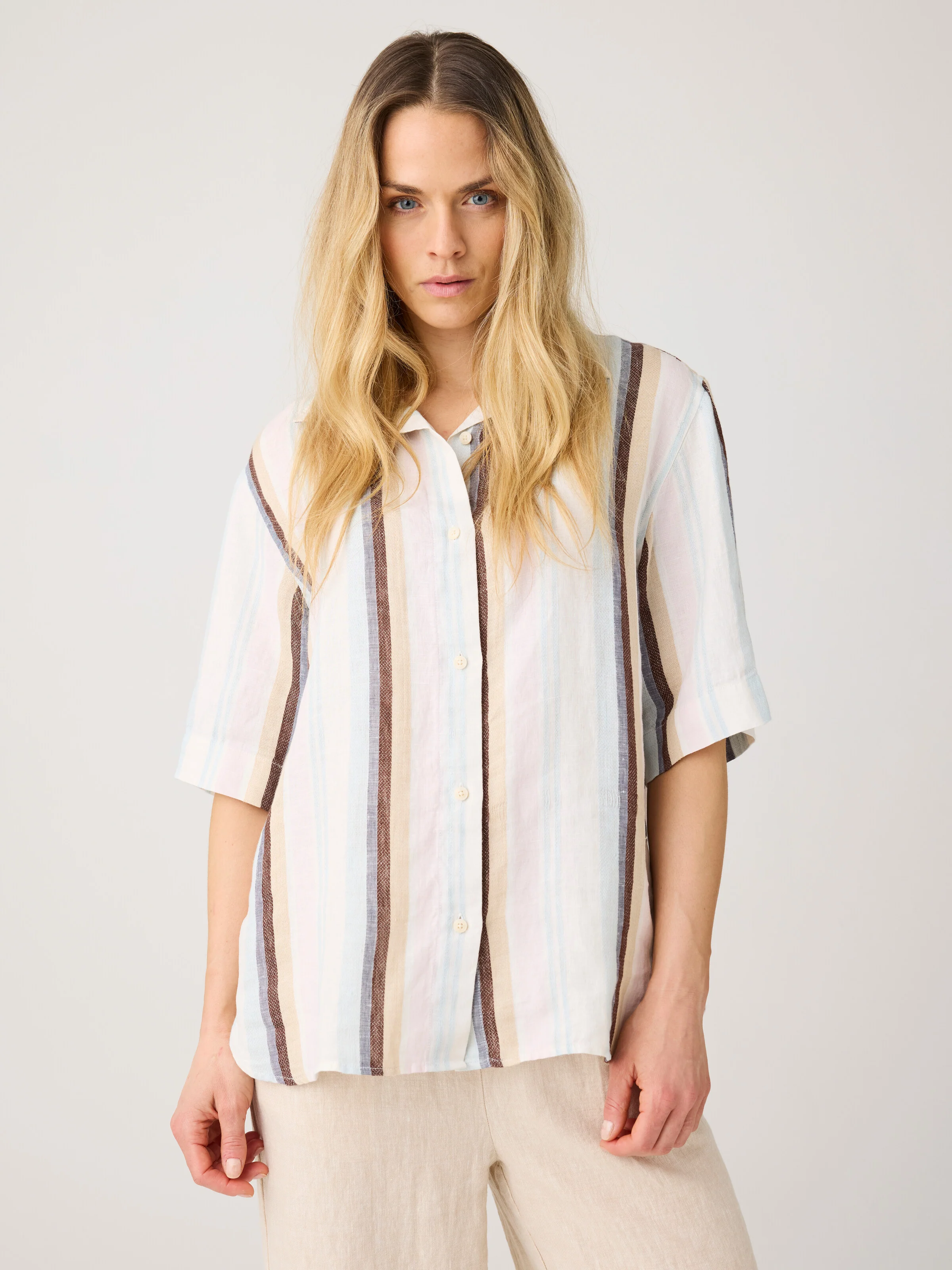 Loose linen short sleeve shirt - Multi color stripe - Image 2