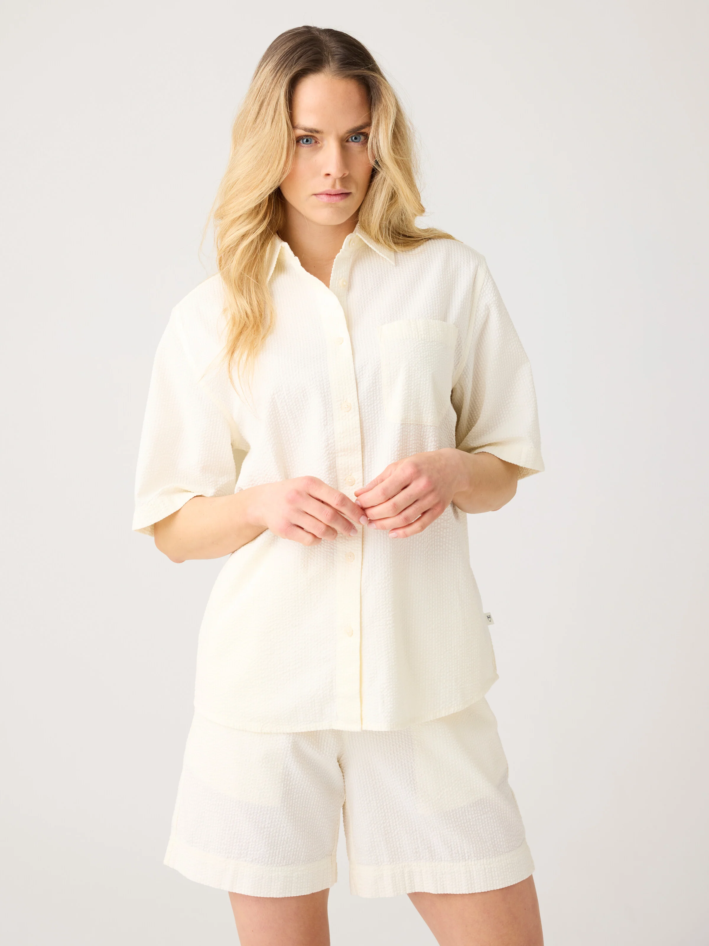 Loose seersucker short sleeve shirt - Egret - Image 2