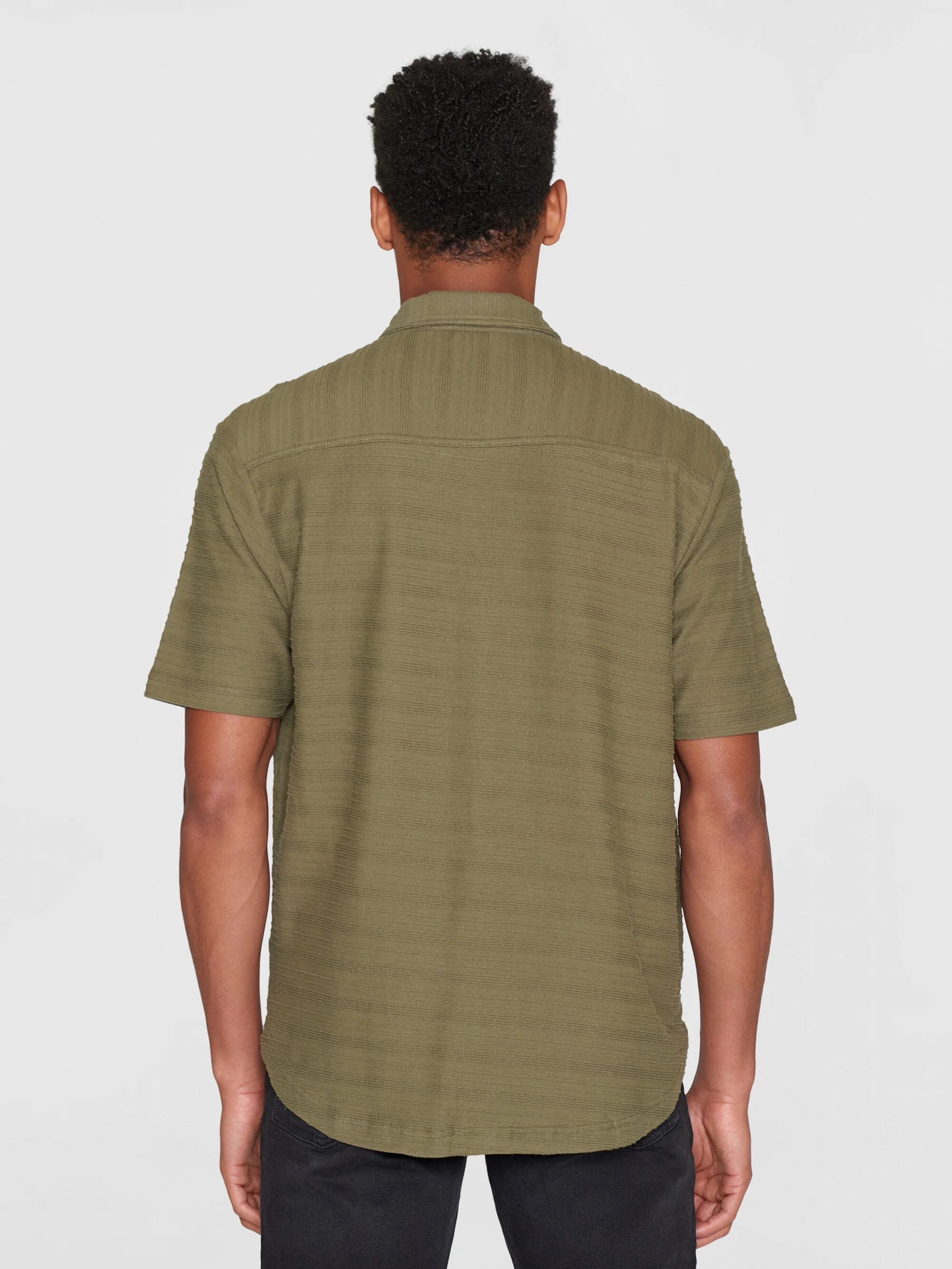 Loose short sleeve cotton solid striped jersey shirt GOTS/Vegan - Burned Olive - Image 4