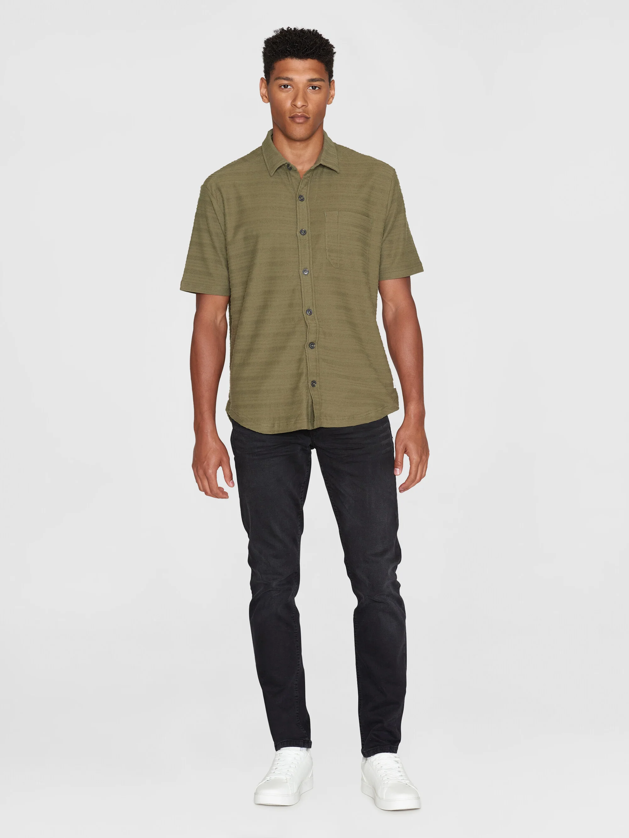 Loose short sleeve cotton solid striped jersey shirt GOTS/Vegan - Burned Olive - Image 5