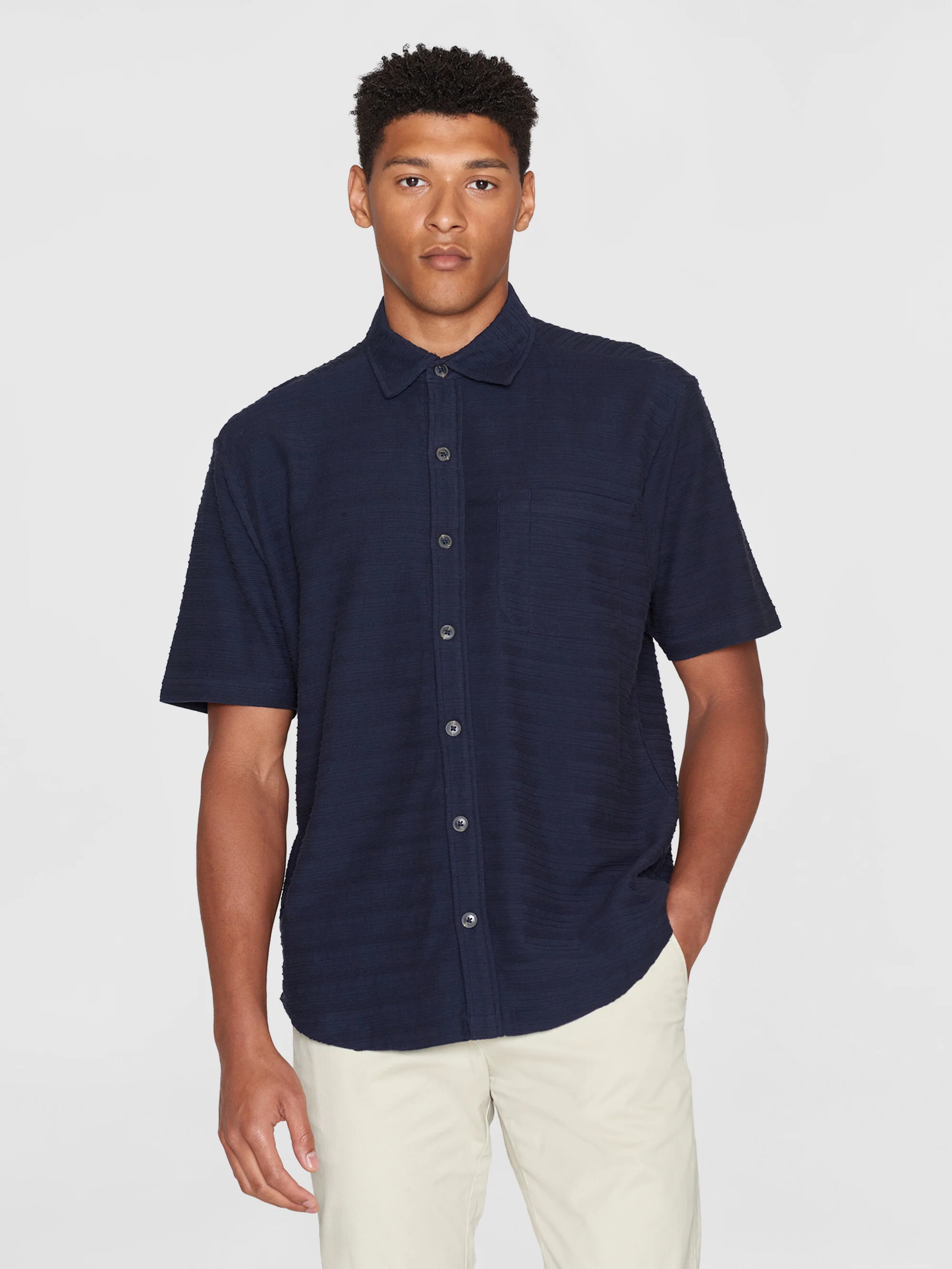 Loose short sleeve cotton solid striped jersey shirt GOTS/Vegan - Night Sky - Image 3
