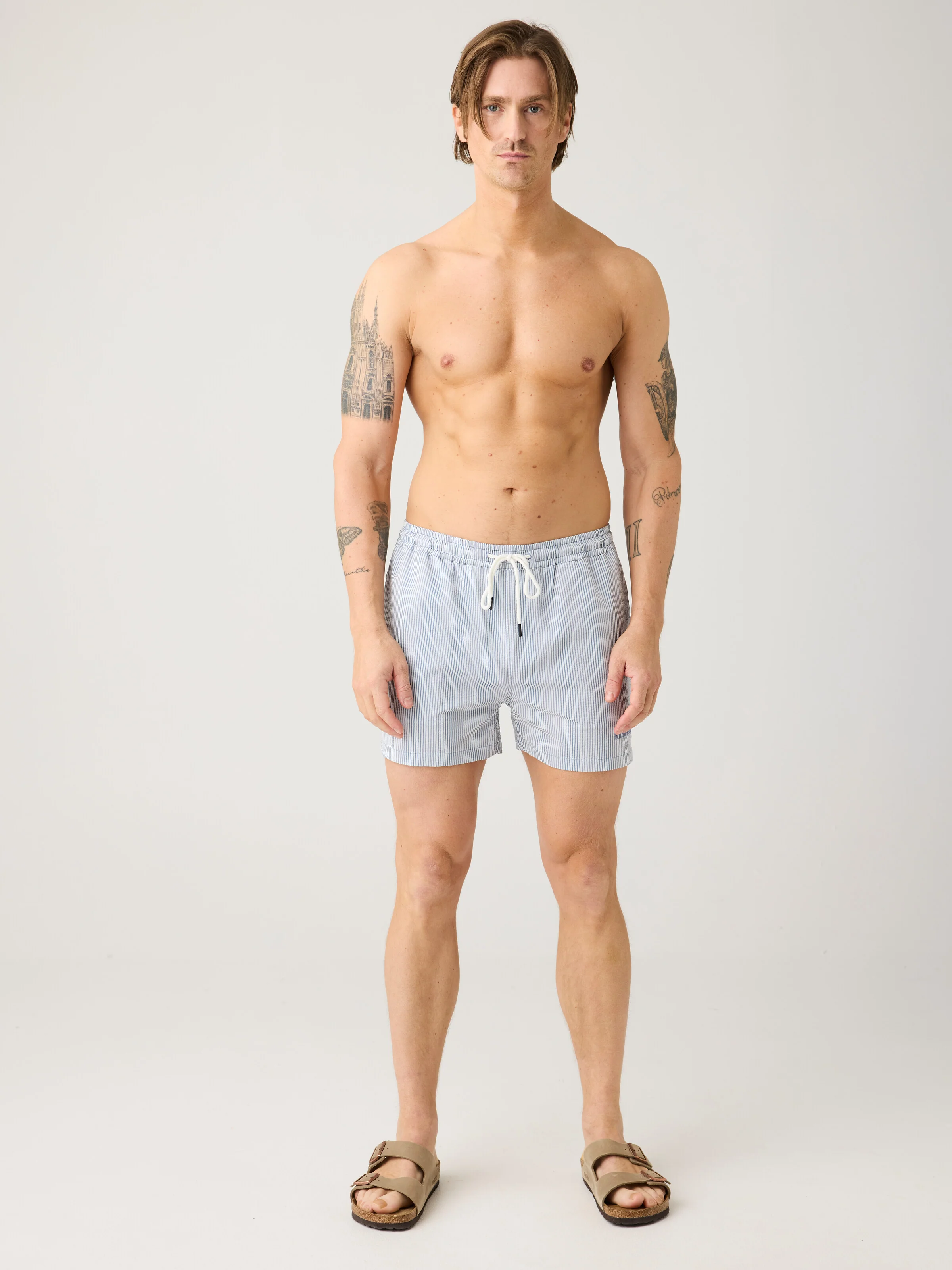Mid-thigh seersucker swimshorts - Blue stripe - Image 3
