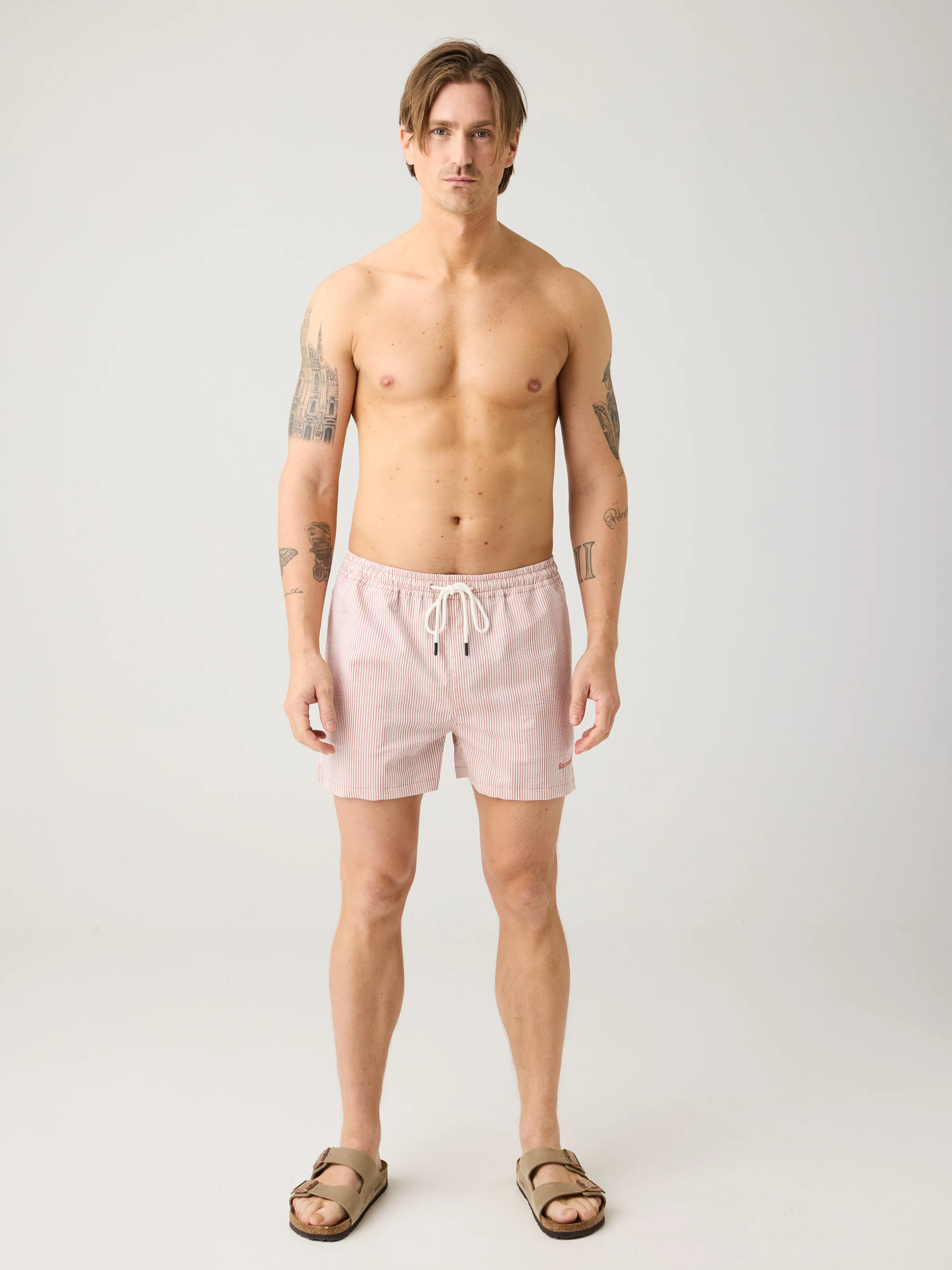 Mid-thigh seersucker swimshorts - Red Stripe - Image 3