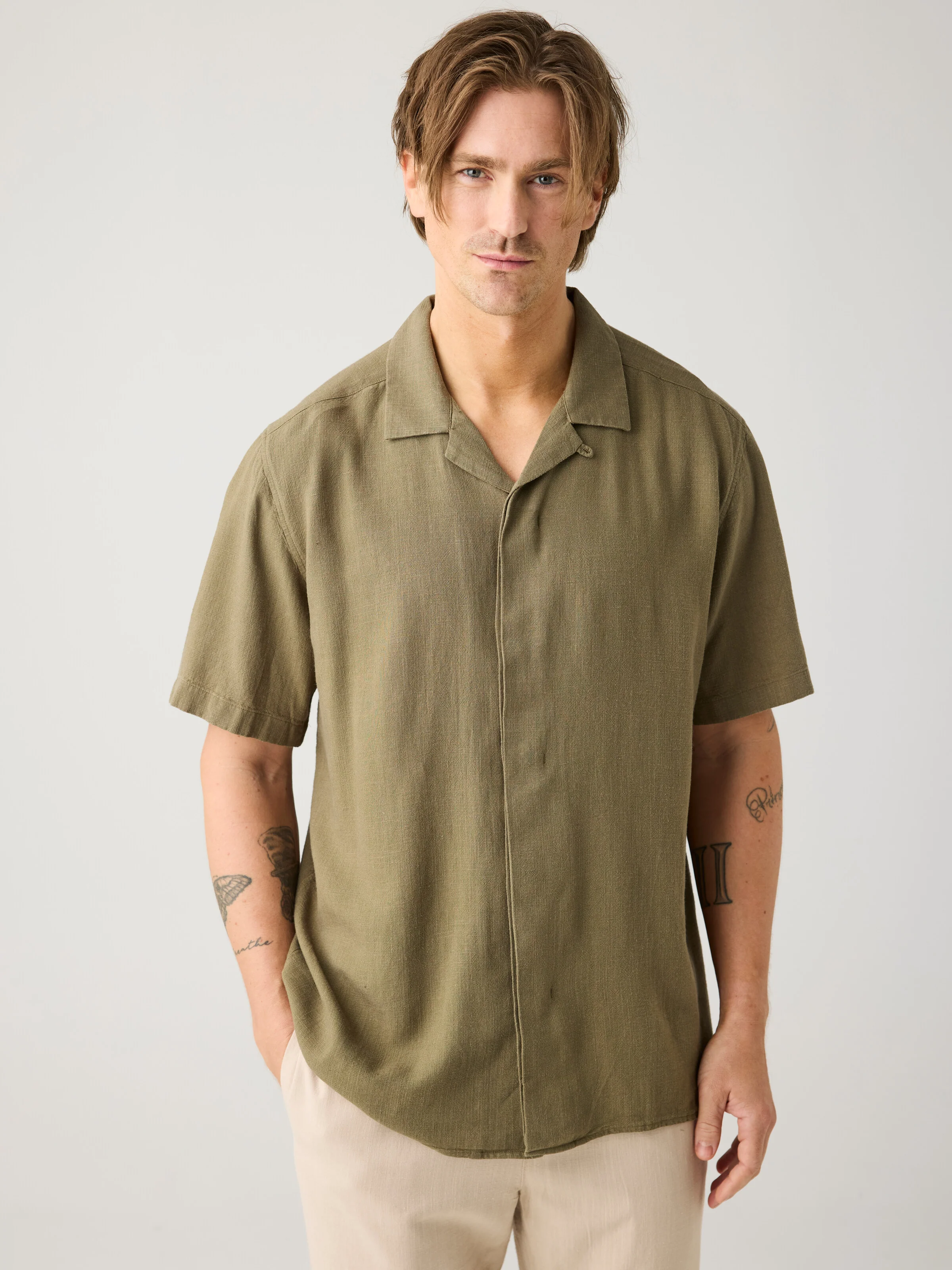 Moss relaxed linen blend short sleeve shirt - Burned Olive - Image 2
