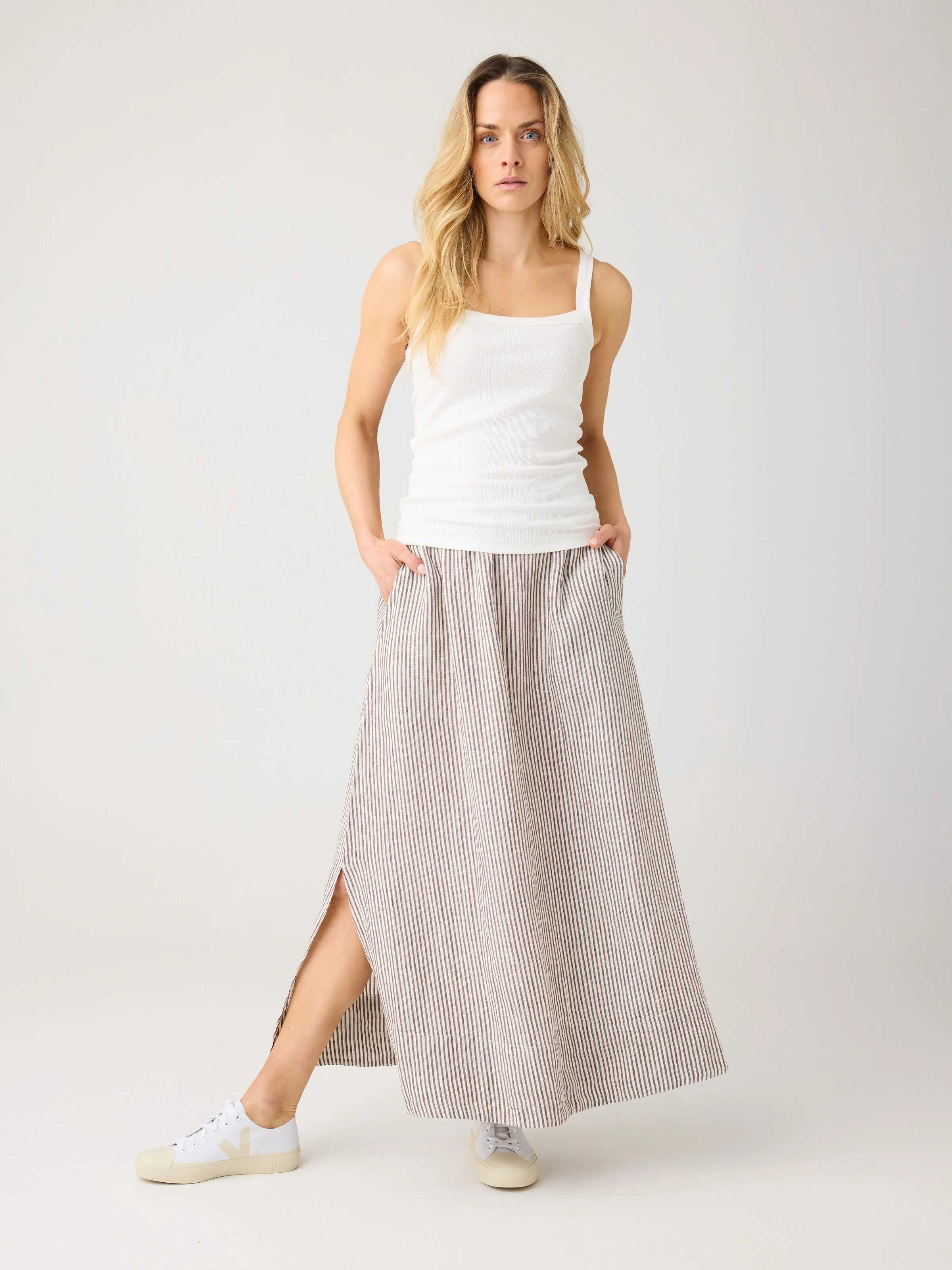 Organic Linen Stripe Skirt GOTS/Vegan - Dark Brown Stripe - Image 2