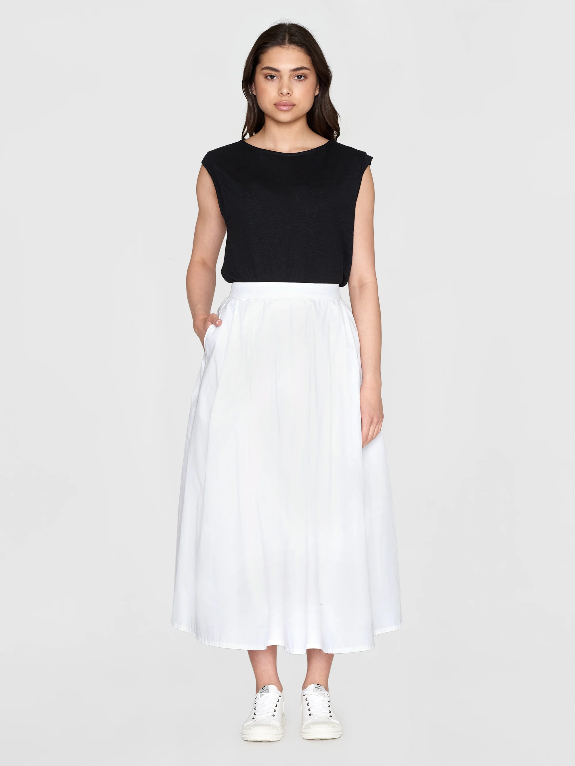 Poplin pleated mid-length skirt - Bright White - Image 4