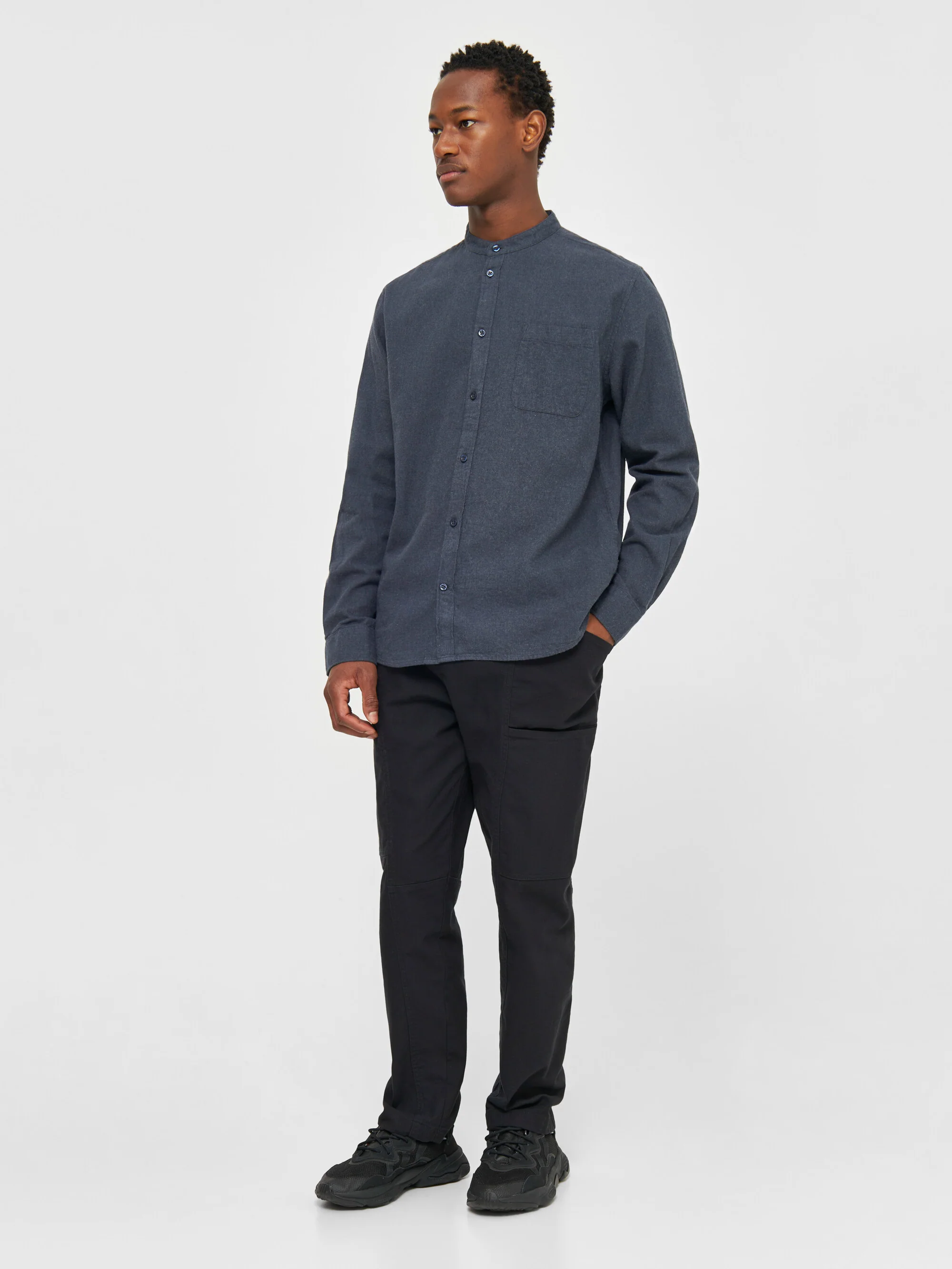 Regular fit melangé flannel stand collar shirt - Total Eclipse - Image 4