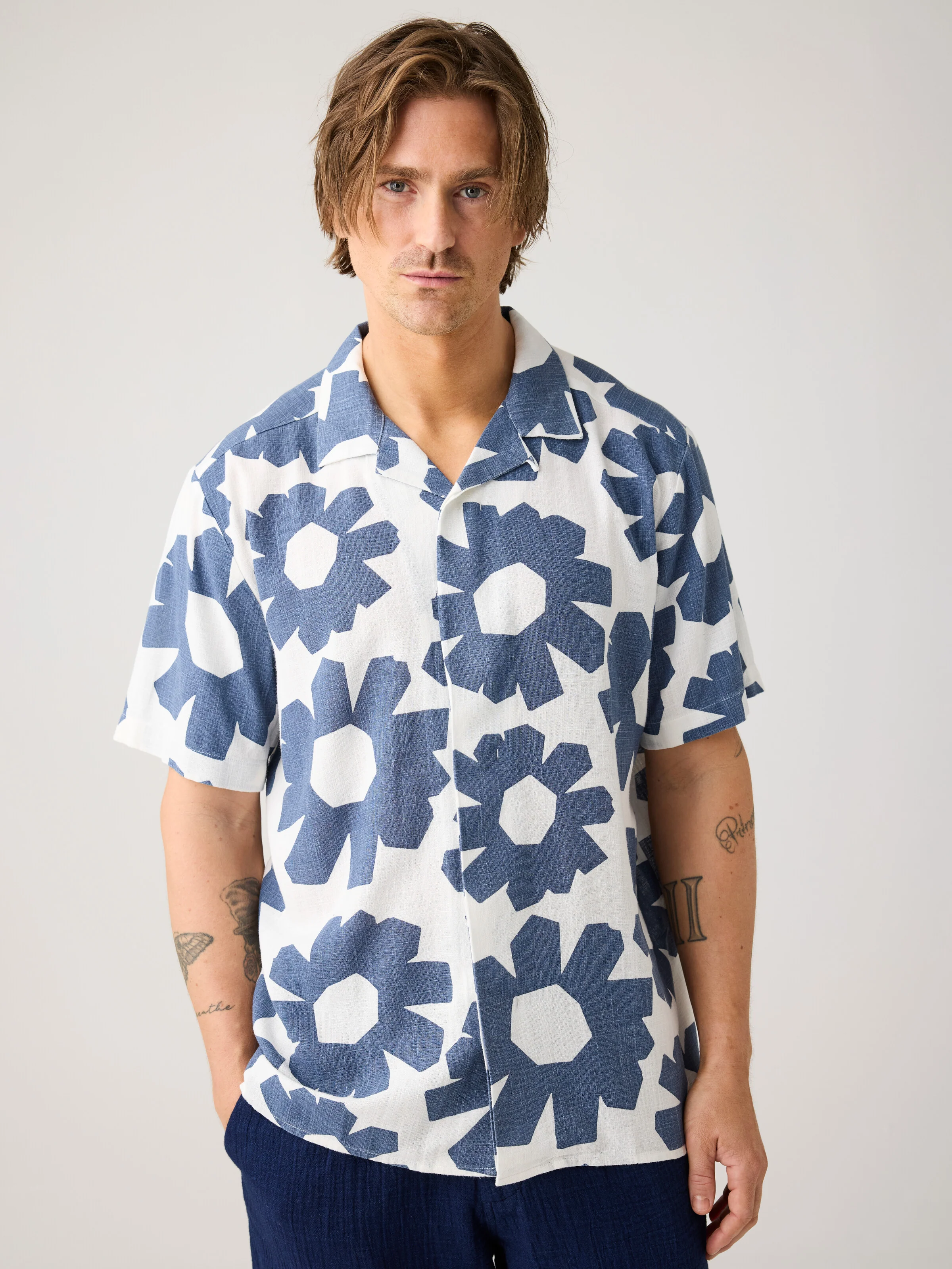 Relaxed linen blend print short sleeve shirt - Blue - Image 2