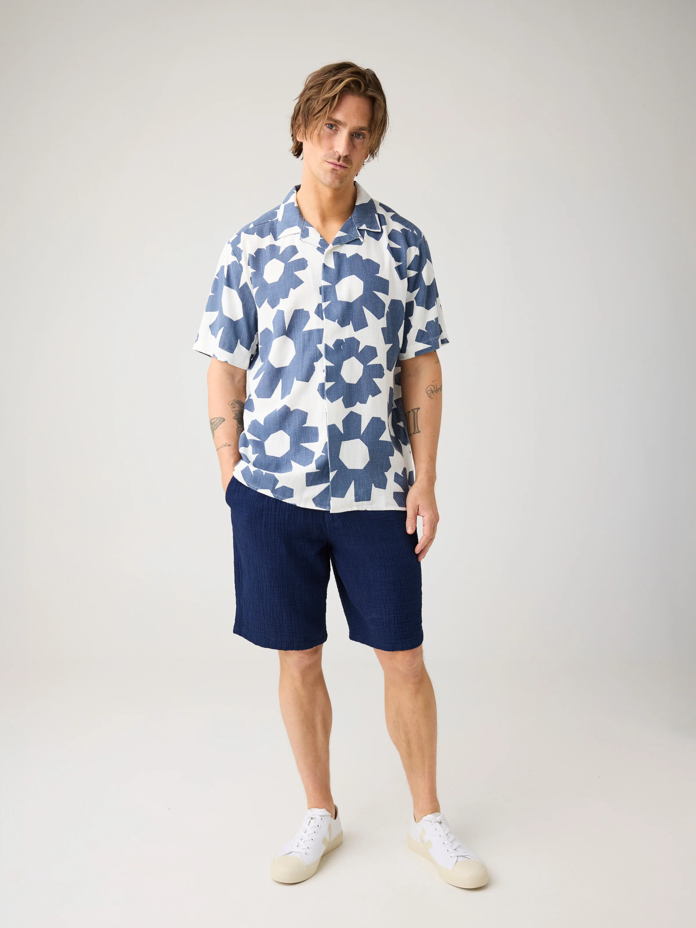 Relaxed linen blend print short sleeve shirt - Blue - Image 3