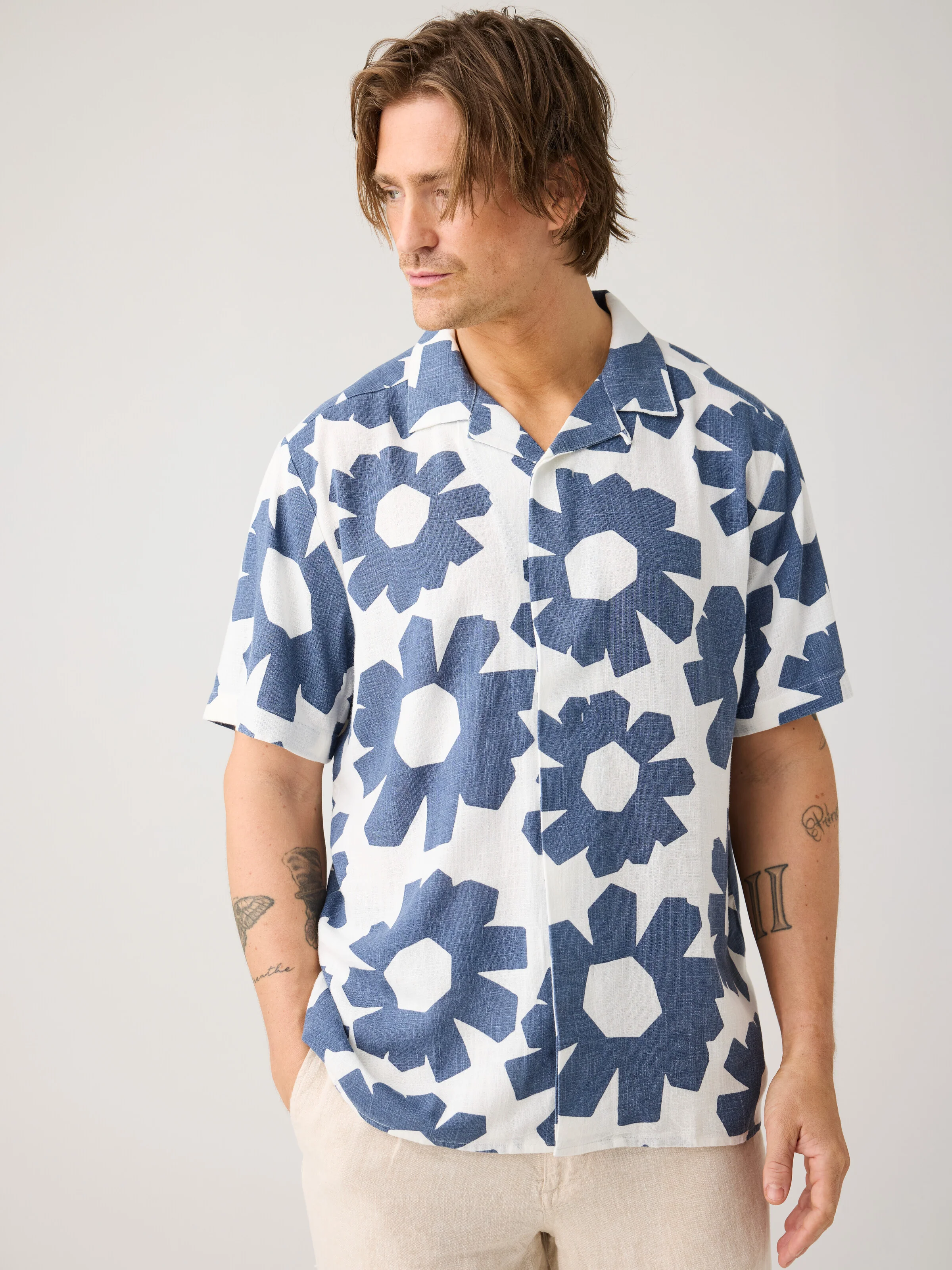 Relaxed linen blend print short sleeve shirt - Blue - Image 4
