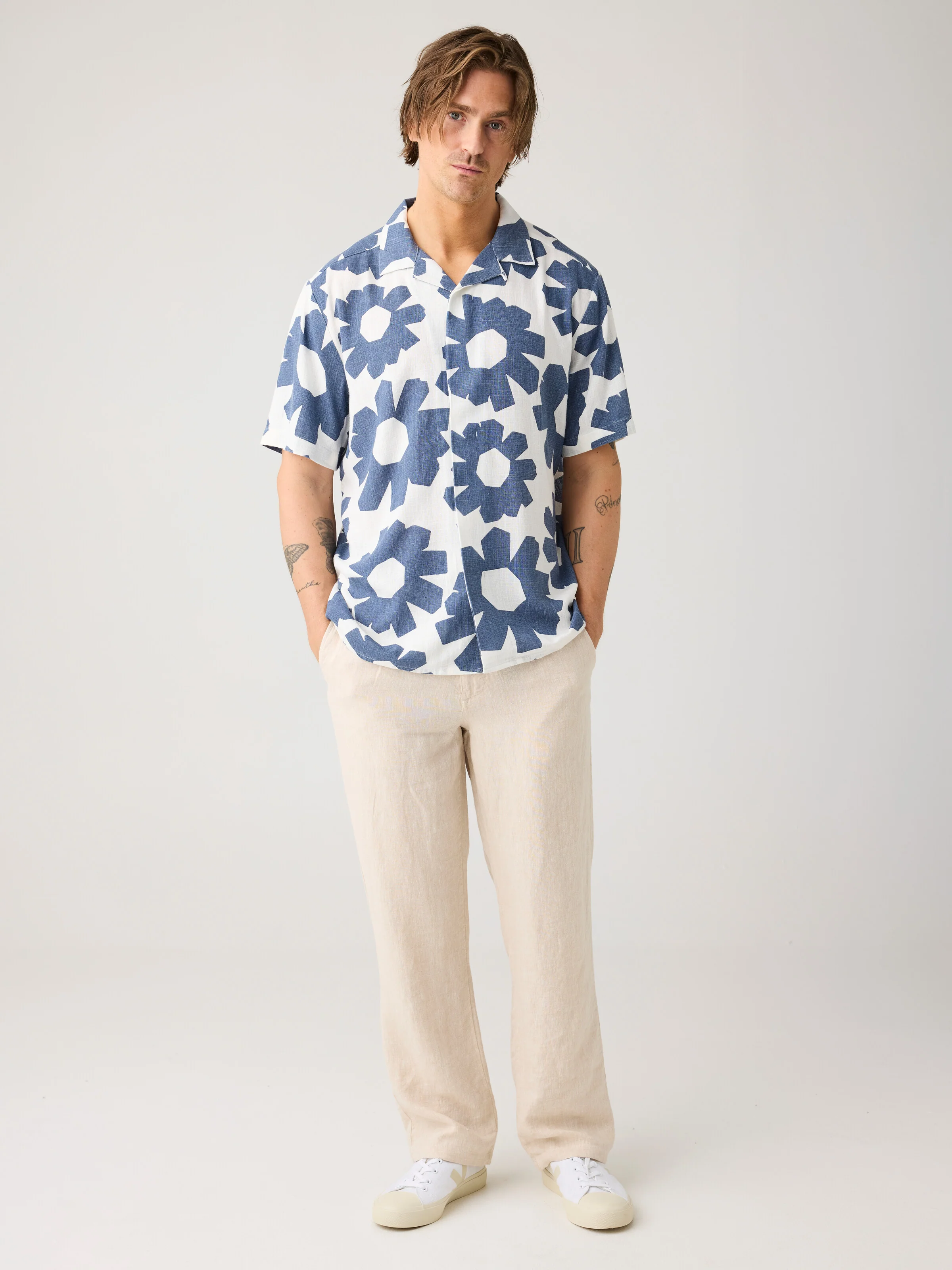Relaxed linen blend print short sleeve shirt - Blue - Image 5