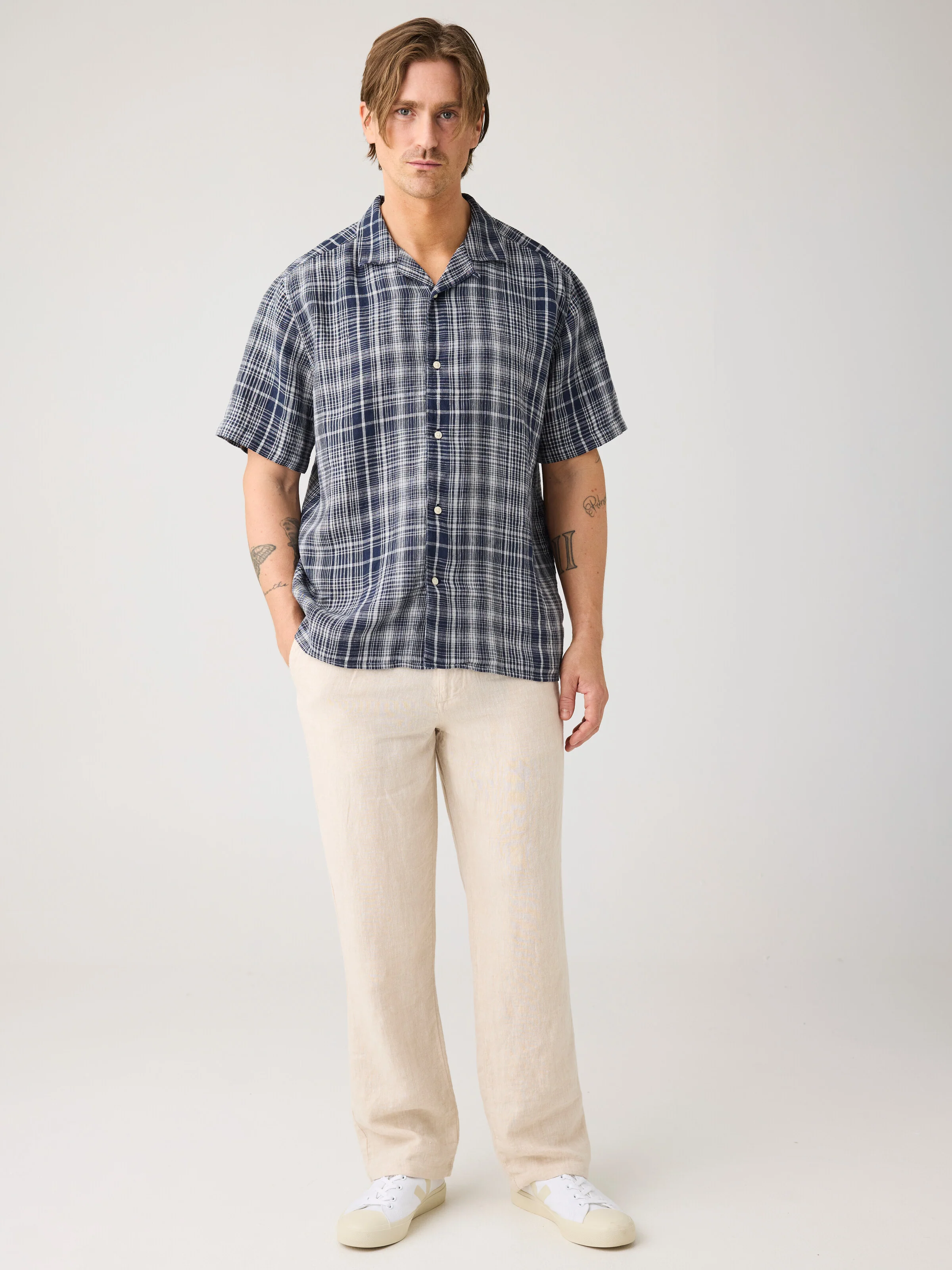Relaxed linen short sleeve shirt - Navy - Image 3