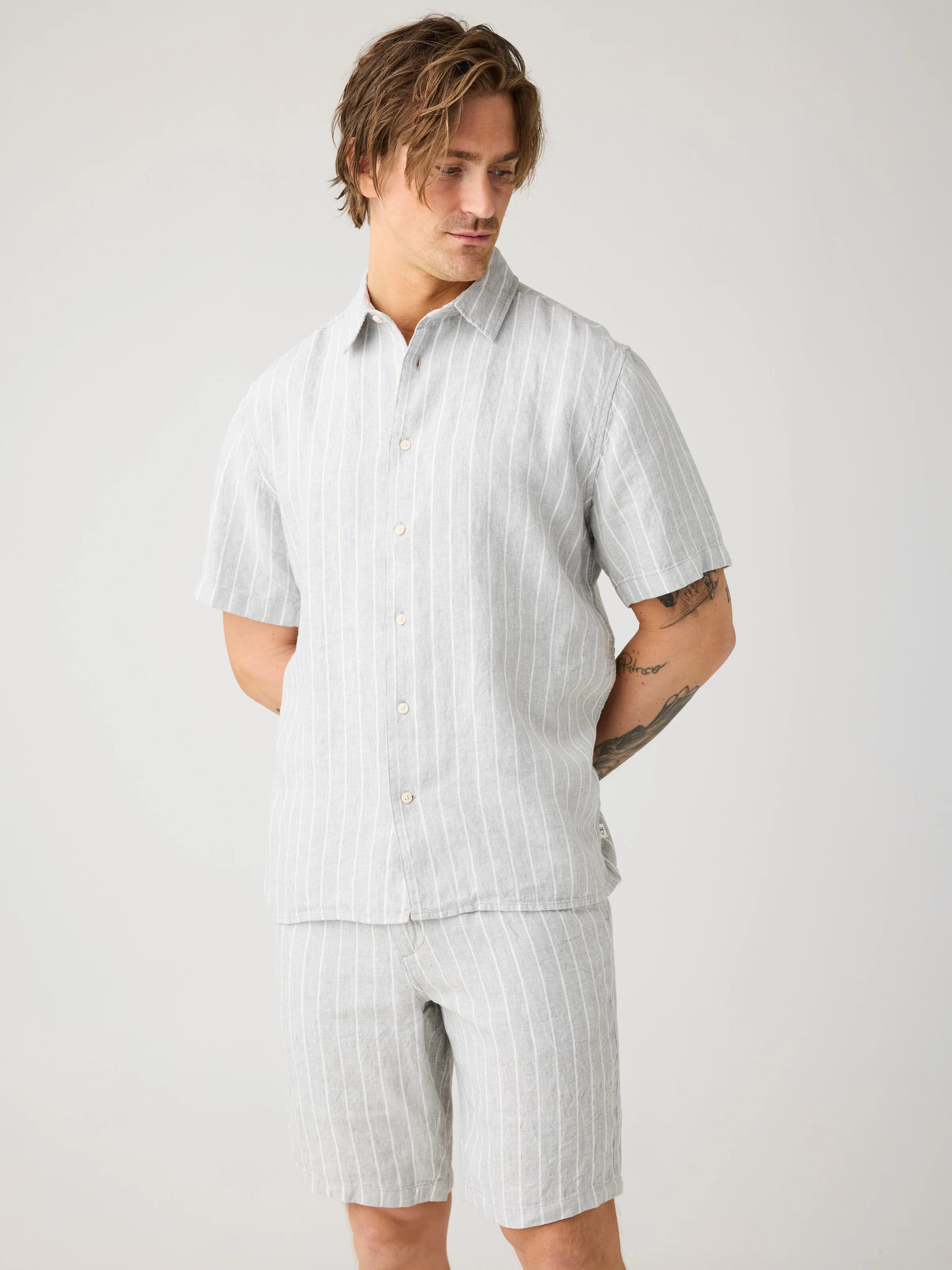 Relaxed linen stripe short sleeve shirt - Grey stripe - Image 2