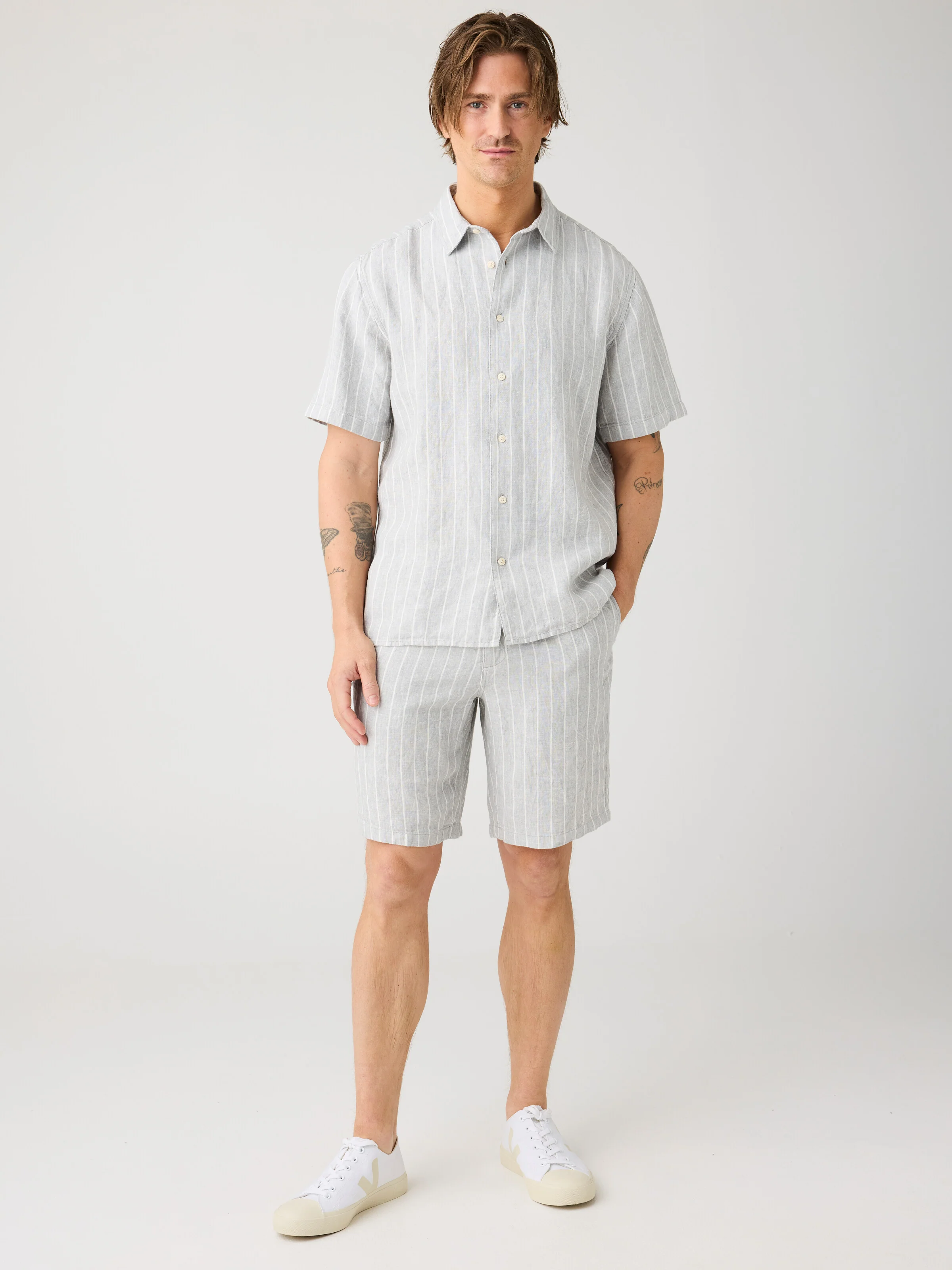 Relaxed linen stripe short sleeve shirt - Grey stripe - Image 3